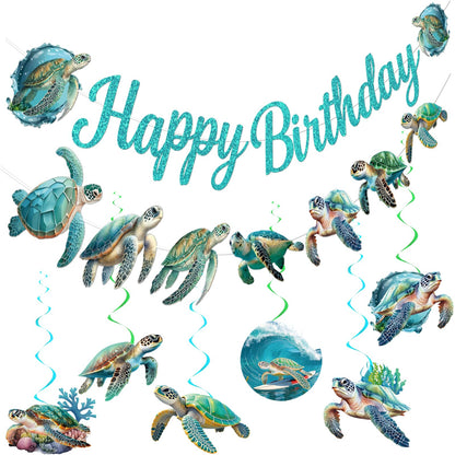 Sea Turtle Birthday Banner with Garland Hanging Swirls, Turtle Birthday Decorations for Ocean Themed Party