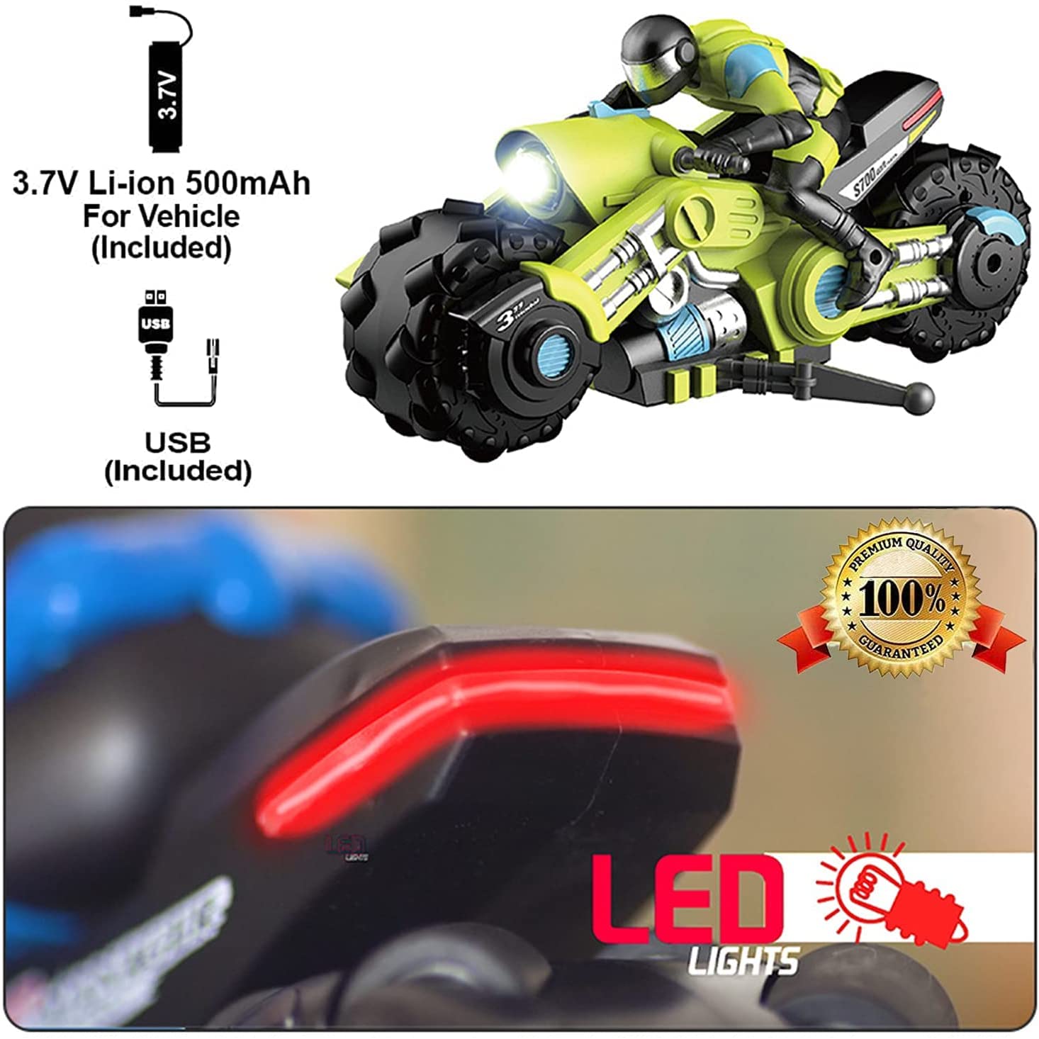 UNIQUE KIDS Remote Control Motorcycles - 360° Spinning Action, High-Speed Racing Motorbike with LED Lights for Boys and Girls Green Color