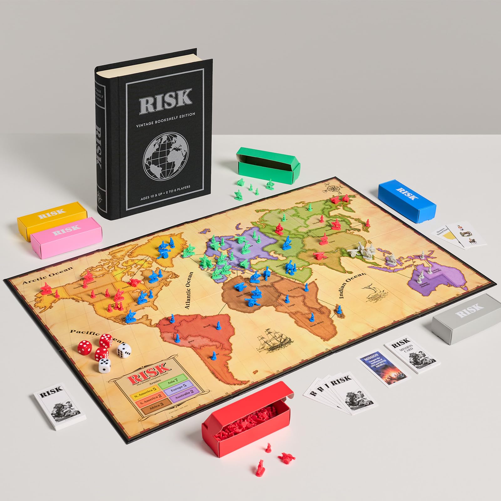 WS Game Company Risk Vintage Bookshelf Edition, Linen Wrapped Book Box & Slipcase - Secret Mission Variant & 6 Armies - Strategy Board Games