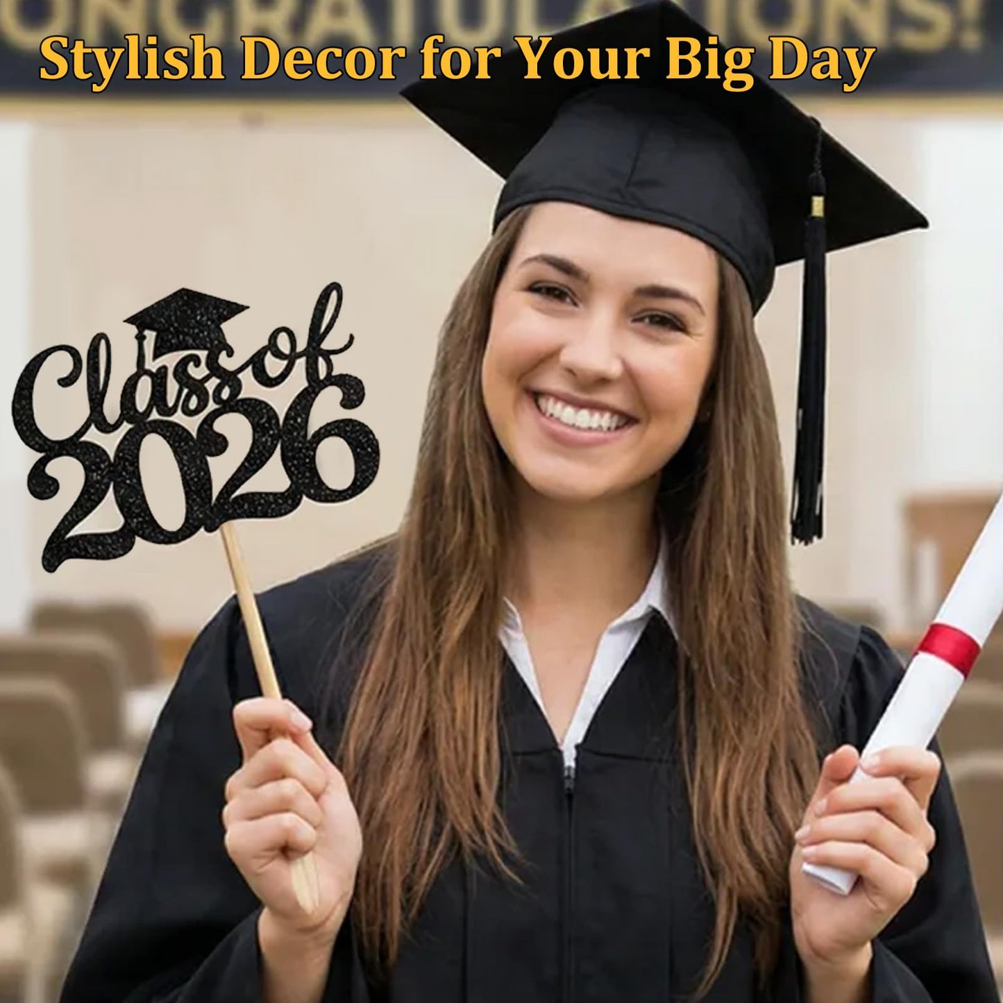 Class of 2026 Graduation Cake Toppers & Table Centerpieces for Dessert Table, Grad Party Supplies for High School College Celebration, Photo Props