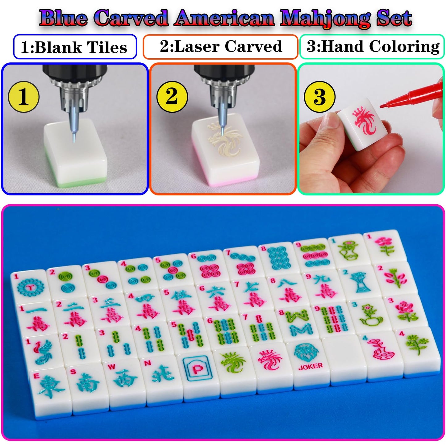 YINIUREN American Mahjong Sets with Pushers 166 Mahjong Tile Set 1.2 inch Blue American Mahjong Set