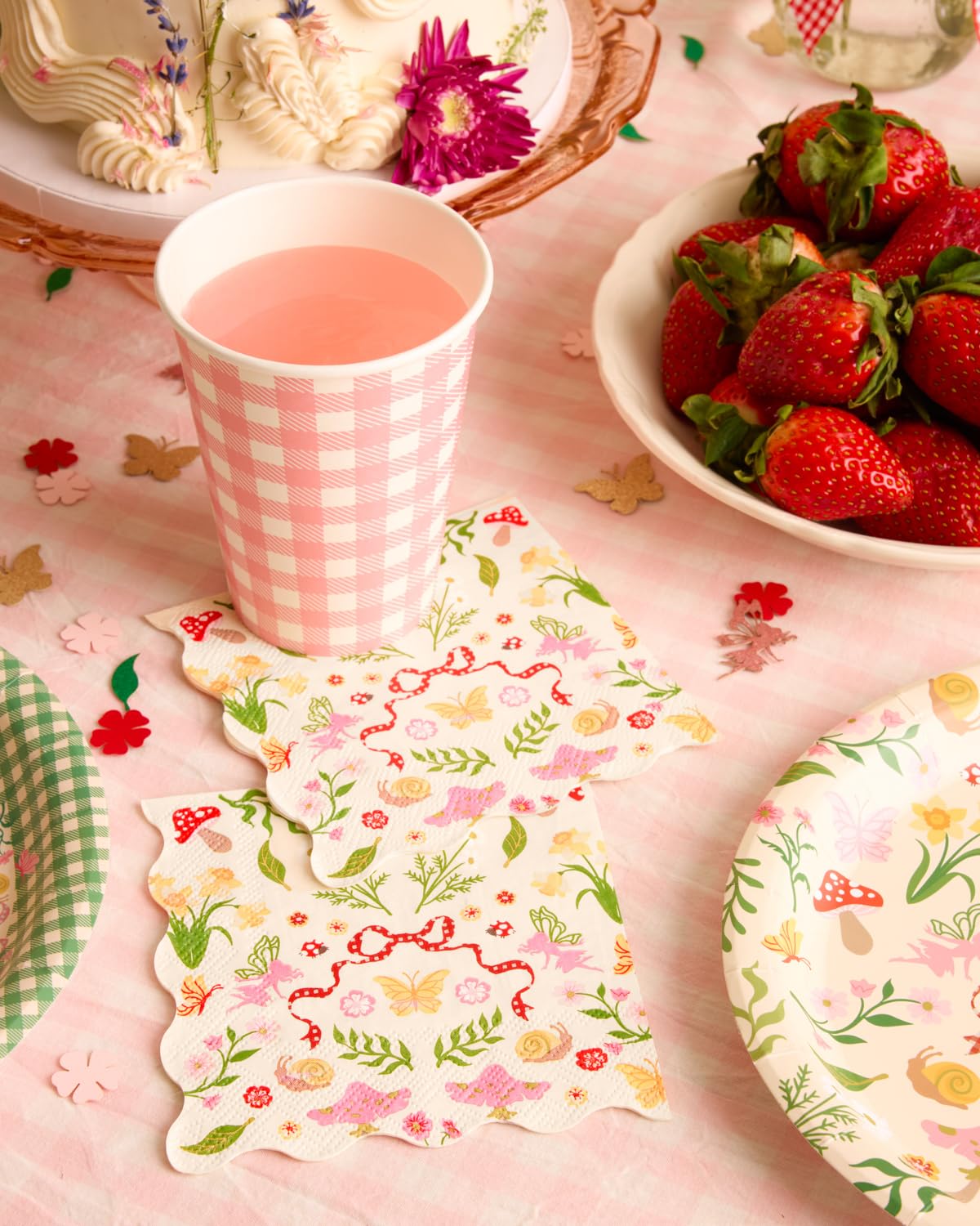 xo, Fetti Garden Fairy Napkins - 25 ct | Woodland Party Decorations, Spring Tea Party, Kids Birthday, Butterfly, Mushrooms, Pink Floral, Gingham
