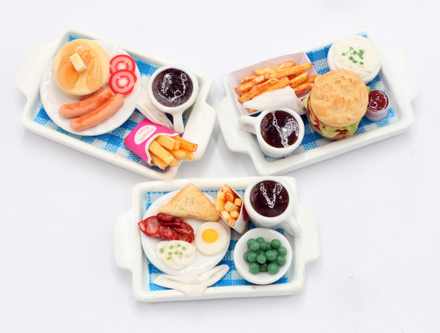 3 Pcs Dollhouse Miniature Food Trays - Handmade Clay Pancake, Burger & Sandwich Coffee Sets on Plastic Trays (1.5 x 2 Inch), 1/6 Scale Dollhouse