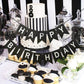 Runhiskii Black Happy Birthday Banner, Durable Happy Birthday Sign Bright Silver Letters for Birthday Party Decorations