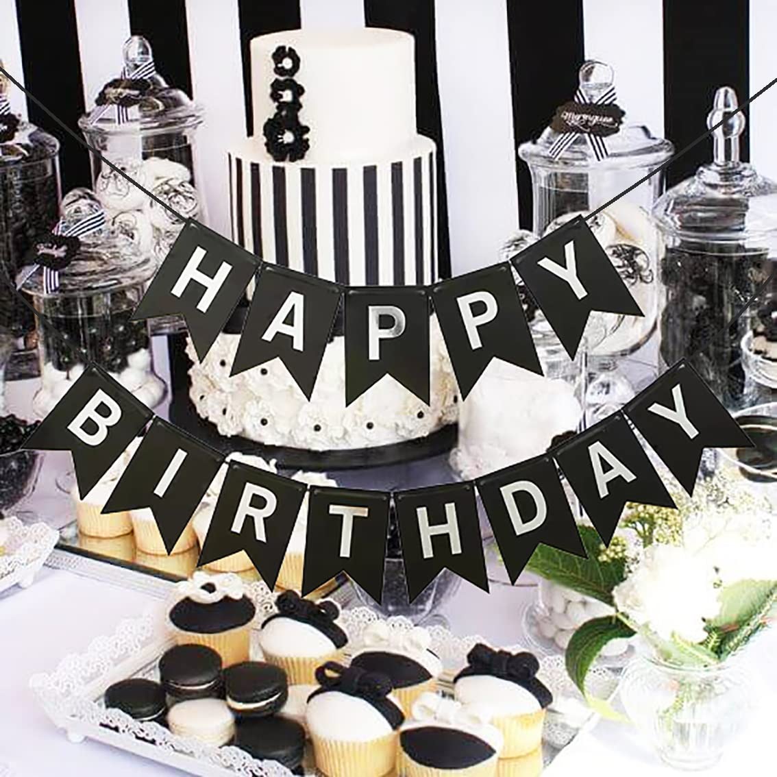 Runhiskii Black Happy Birthday Banner, Durable Happy Birthday Sign Bright Silver Letters for Birthday Party Decorations