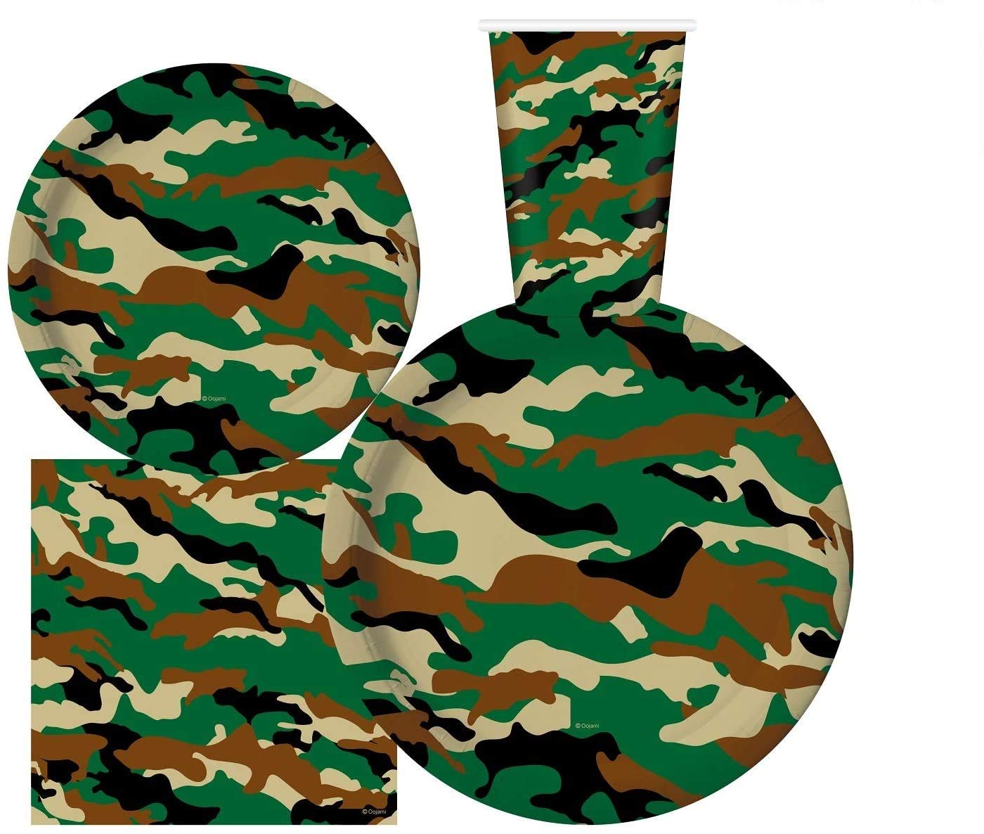 Oojami Camouflage Party Supplies for 30 Guests - Camo Birthday Decorations Set with 9" Dinner Plates, 7" Dessert Plates, 12 oz Cups, 3-Ply Napkins