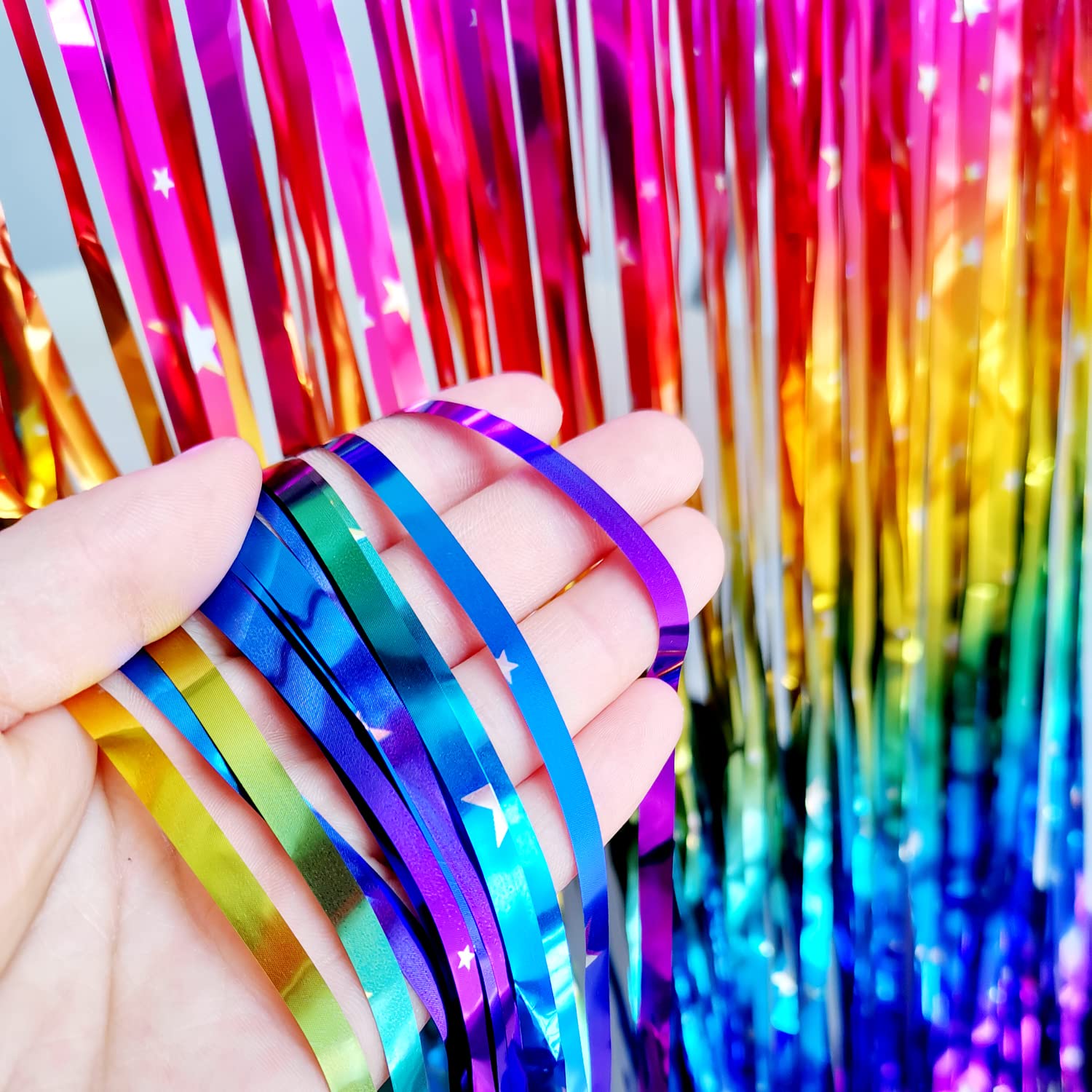 Rainbow Tinsel Foil Fringe Curtains 2 Pack Rainbow Party Decorations 3.3x6.6ft Metallic Streamers for Birthday Wedding Engagement Graduation Baby