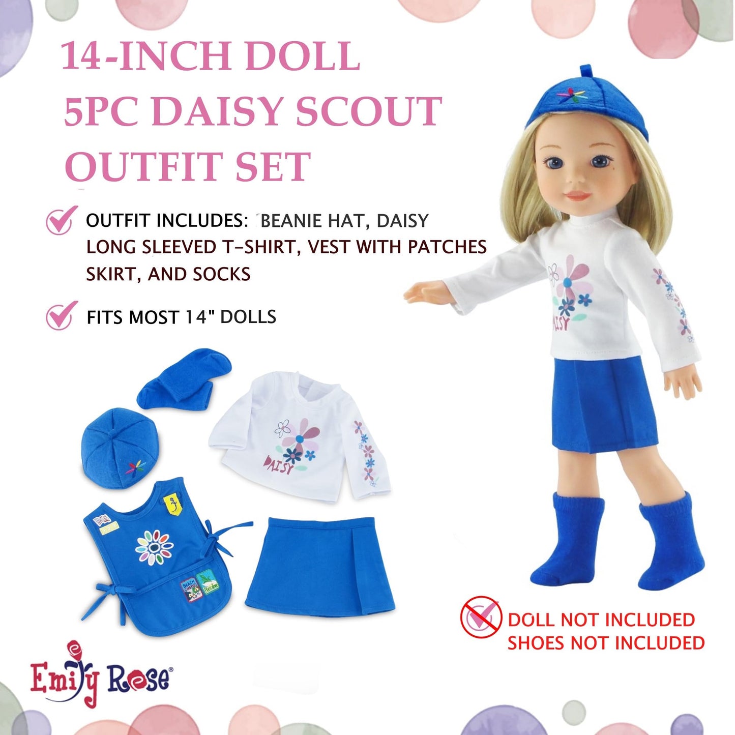 Emily Rose 14 Inch Doll Girl Scout Daisy Uniform 5-PC Playset | Officially Licensed by Girl Scouts of the USA | American Brand - Gift Boxed | Doll NOT