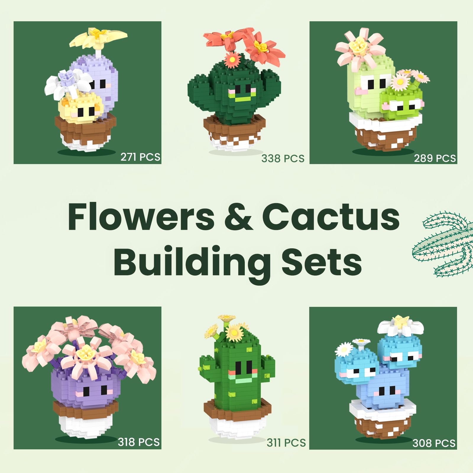 HIGH GODO Flowers & Cactus Party Favors Building Sets, 6 Pack Succulents Tiny Plants Bonsai Décor Model Kits, Goodie Bag Stuffers, Prize Box Toys