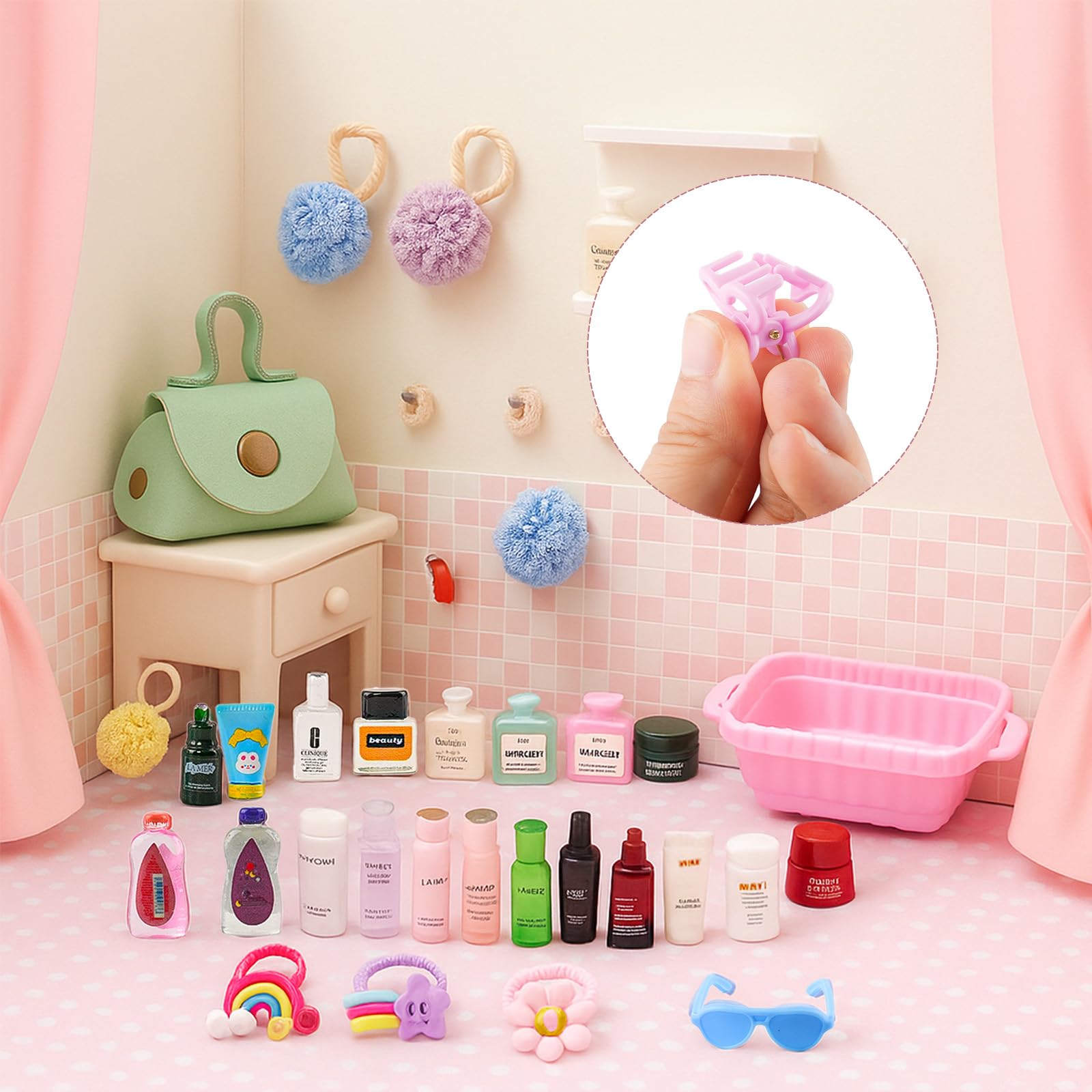 93 PCS Miniature Dollhouse Accessories Dollhouse Bathroom and Makeup Set with Towel Toothbrush Shampoo Toiletries Mini Perfume Shoes Backpack for Girl