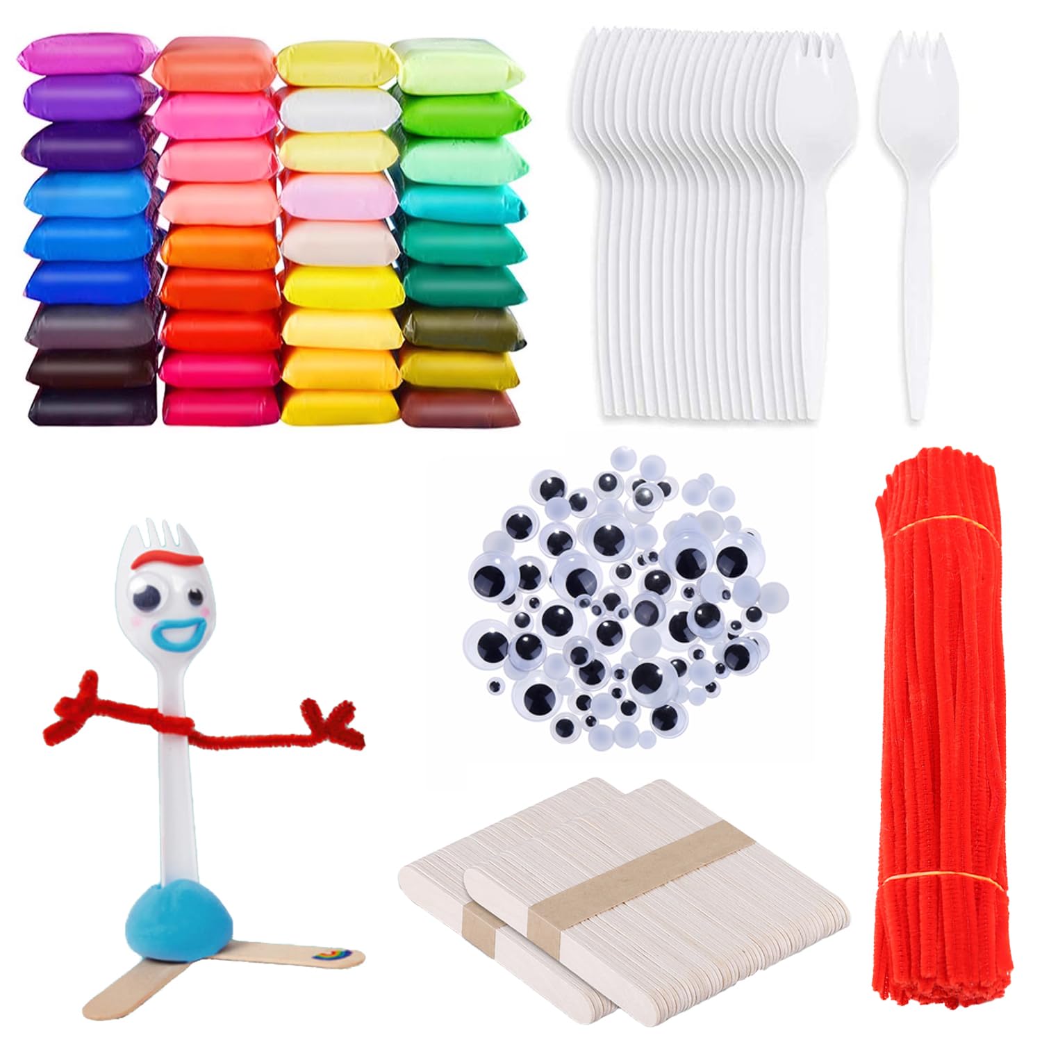 100 Set Fork Creativity Set, Air Dry Clay Plastic Sporks Red Pipe Cleaners Clever Eyes Popsicle Stick,Make Your own Forky