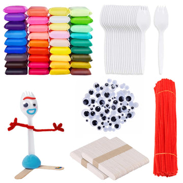 100 Set Fork Creativity Set, Air Dry Clay Plastic Sporks Red Pipe Cleaners Clever Eyes Popsicle Stick,Make Your own Forky