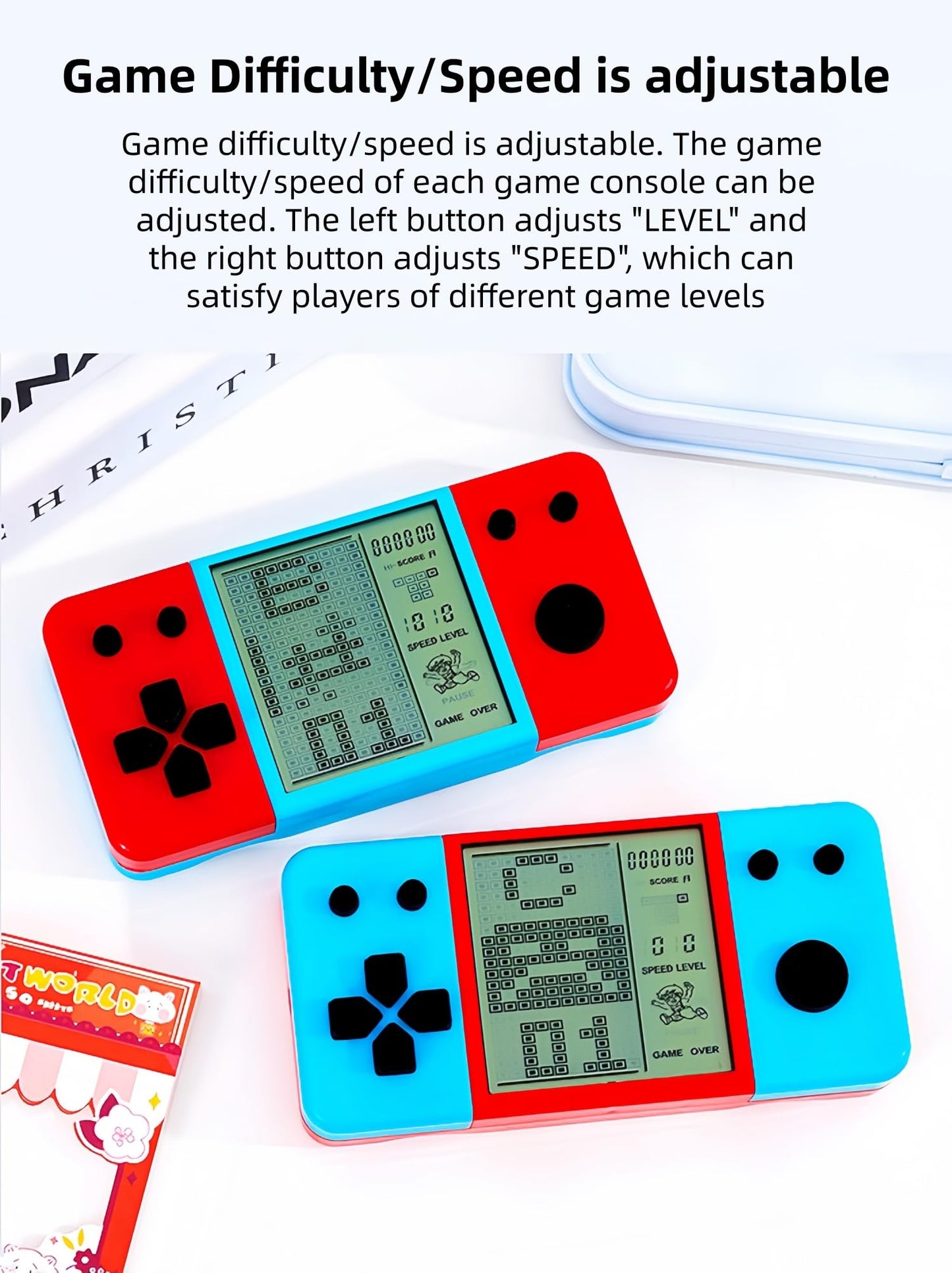 CUZCOP Retro Brick Game Game Blue-red Color Design Built-in 26 Cube Block Games Leisure Entertainment Electronic Block Puzzle Children/Student/Parents