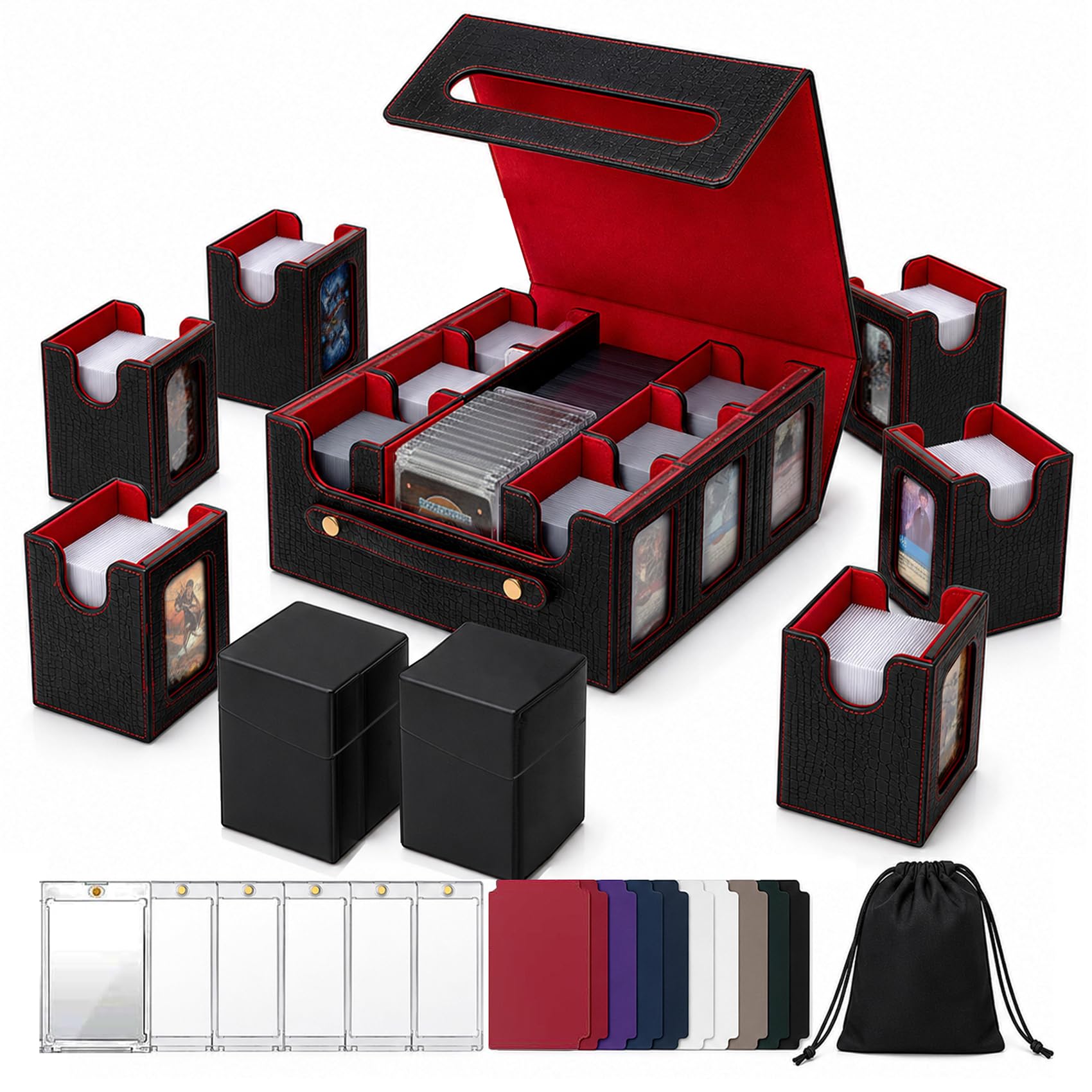 Scimi 9IN1 MTG Deck Box with Handle, Fits 1000 Trading Cards or 8 Commander Decks, Premium Black Red Leather TCG Storage Case with 8 Removable Trays