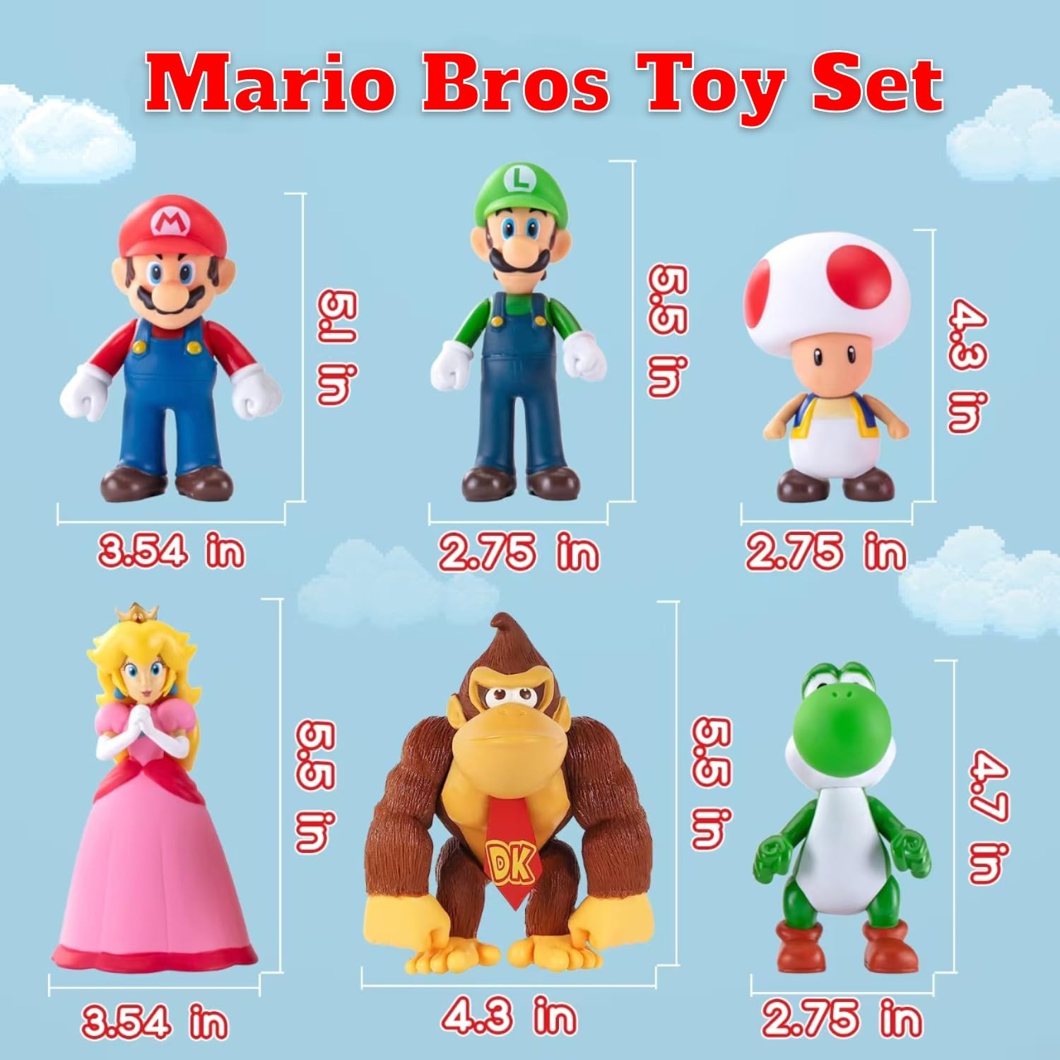 Mario Figures 6 Pack Mario Bros Toys Set Eco-Friendly PVC Mario Action Figures Gift for Kids Ages 3+, Movie Fans, Collector (4-6 Inch)