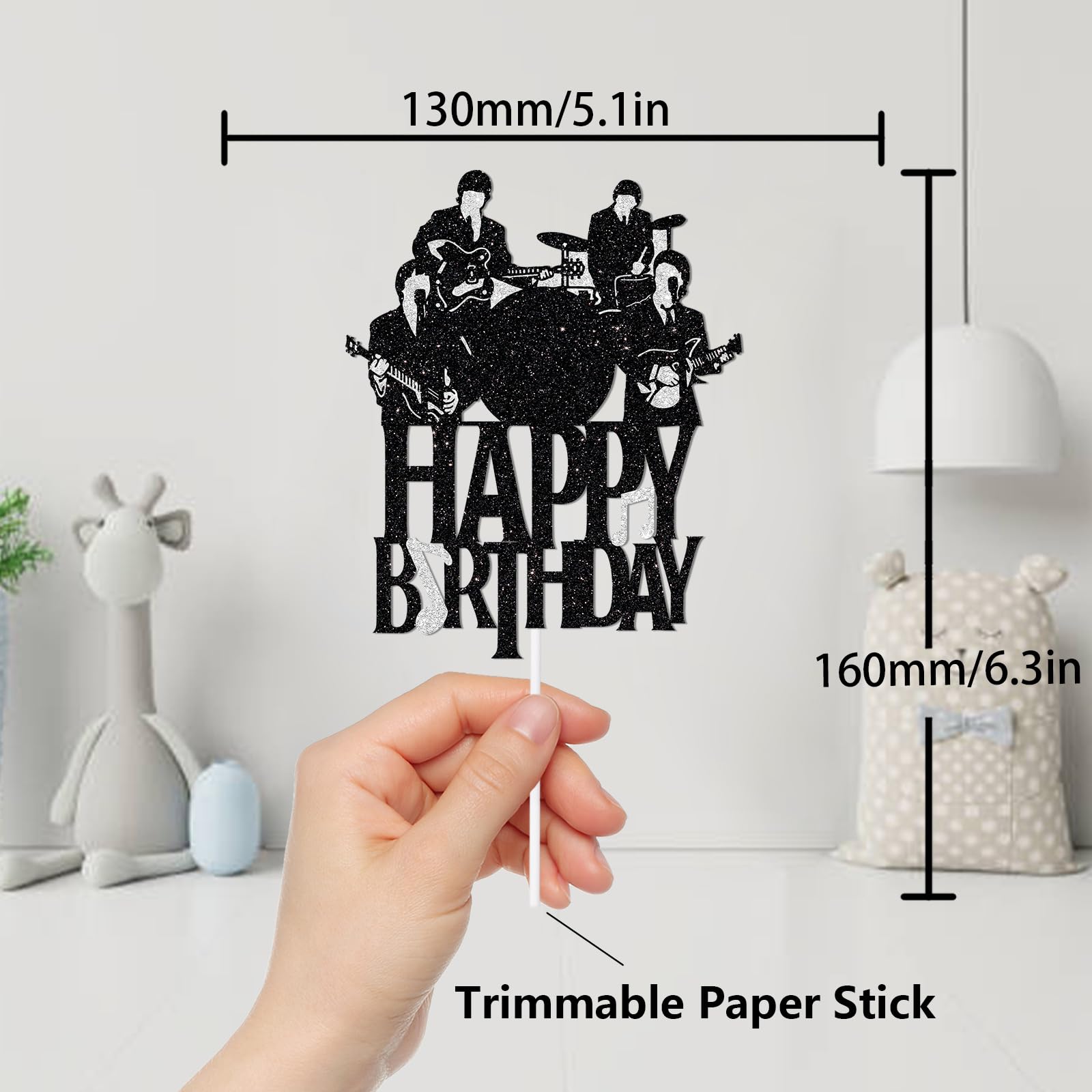 Happy Birthday Cake Topper Music rock pop Theme Black Glitter Decor Picks for Beatlemania Party Decorations Supplies