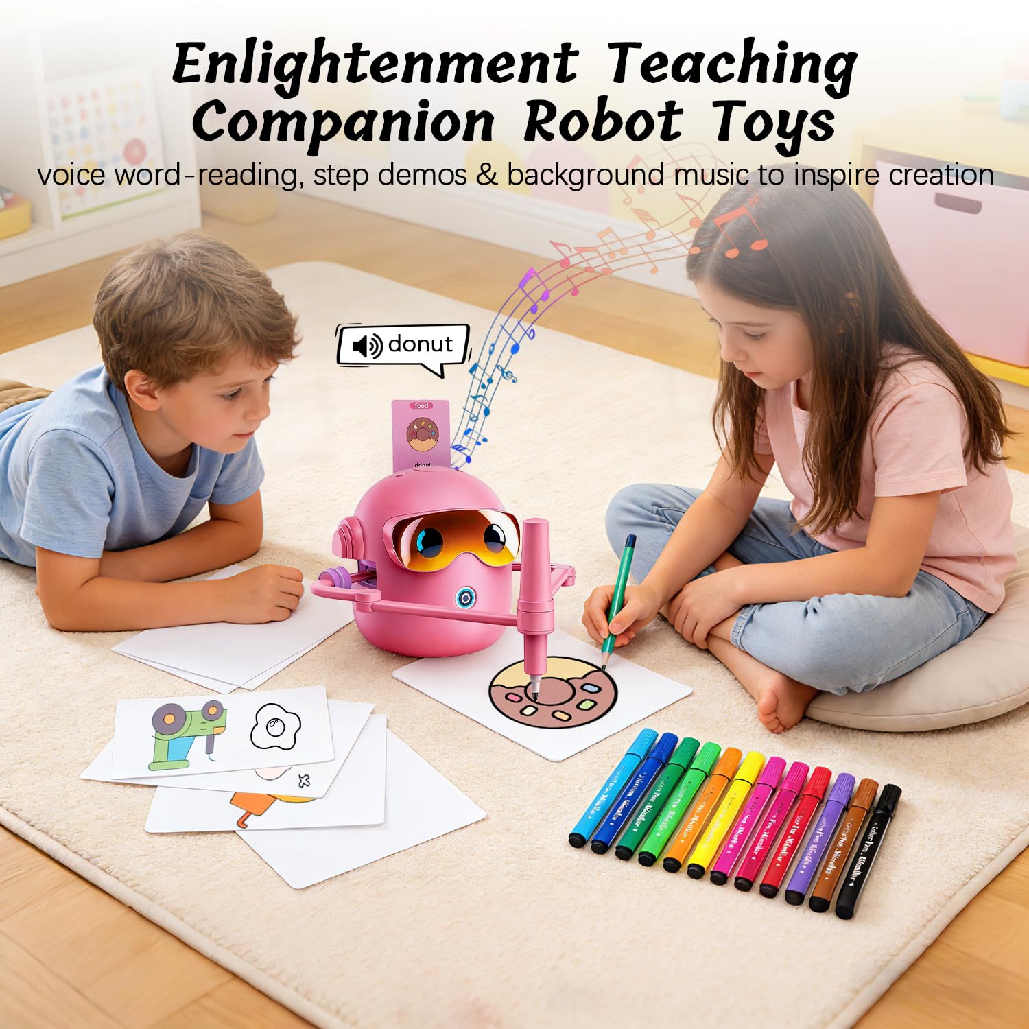 CaraSuL Drawing Robot for Kids with 100 Cards, 12 Colorful Pens & 4 Paintbrushes Montessori Painting Toys for 3-12 Years Old, Voice Read Early