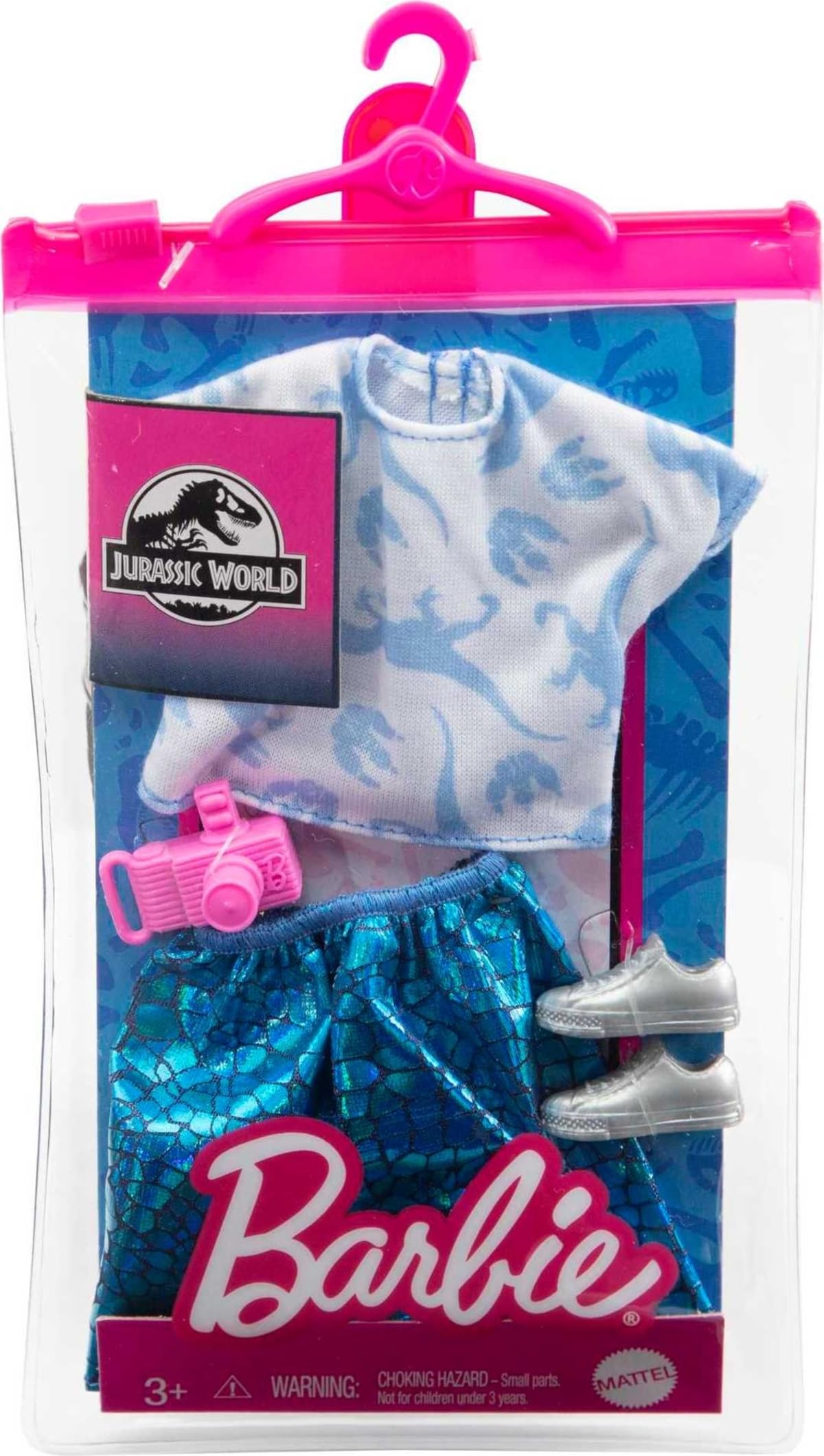 Barbie Doll Clothes Inspired by Jurassic World: Dominion, Complete Look with 2 Accessories, Crop Top & Dinosaur-Inspired Metallic Skirt, Silvery