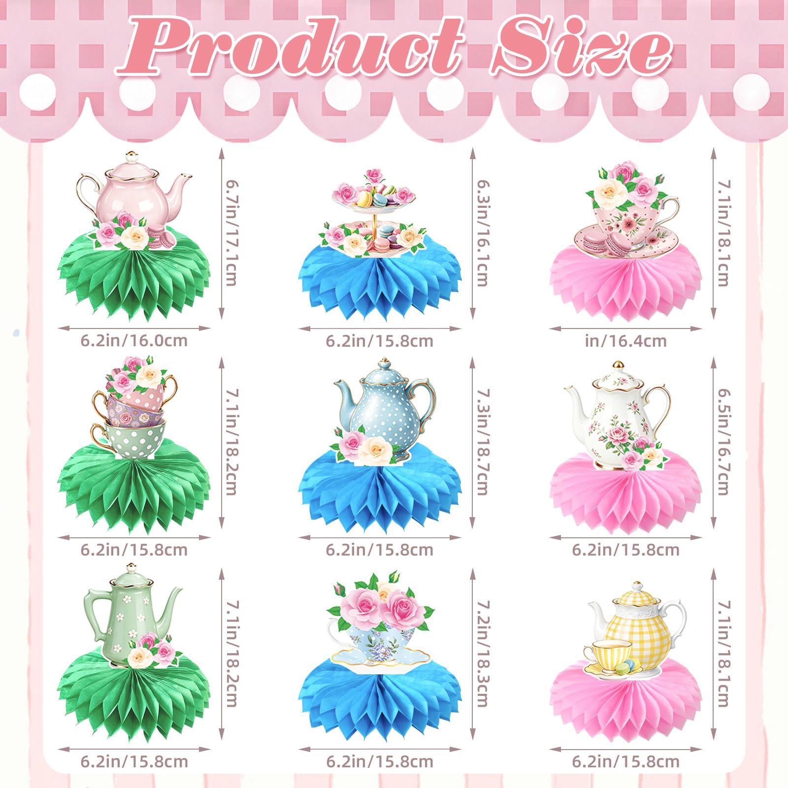 9 Pcs Tea Party Honeycomb Centerpieces, 3D Floral Teapot Tissue Paper Table Decorations with Tea Cup, Cake Stand, Rose Bouquet Designs for Bridal