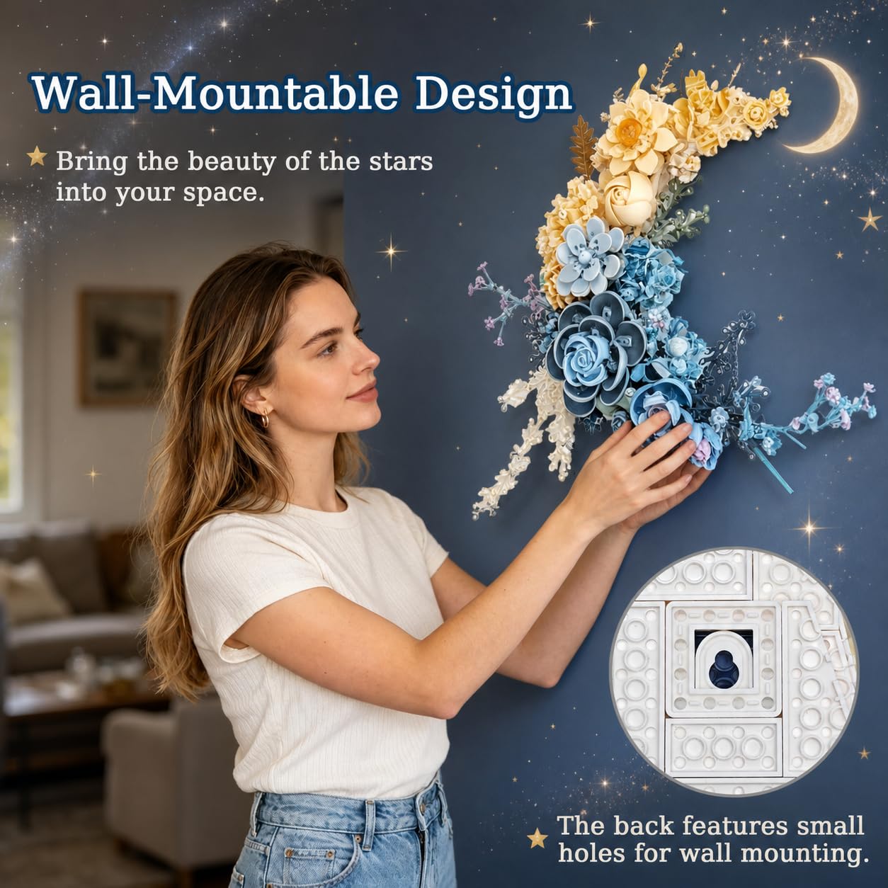 Blue Moon Flower Bouquet Building Set, Compatible with Lego Flowers for Adults, Botanical Collection Artificial Flowers Building Blocks, Décor Wall