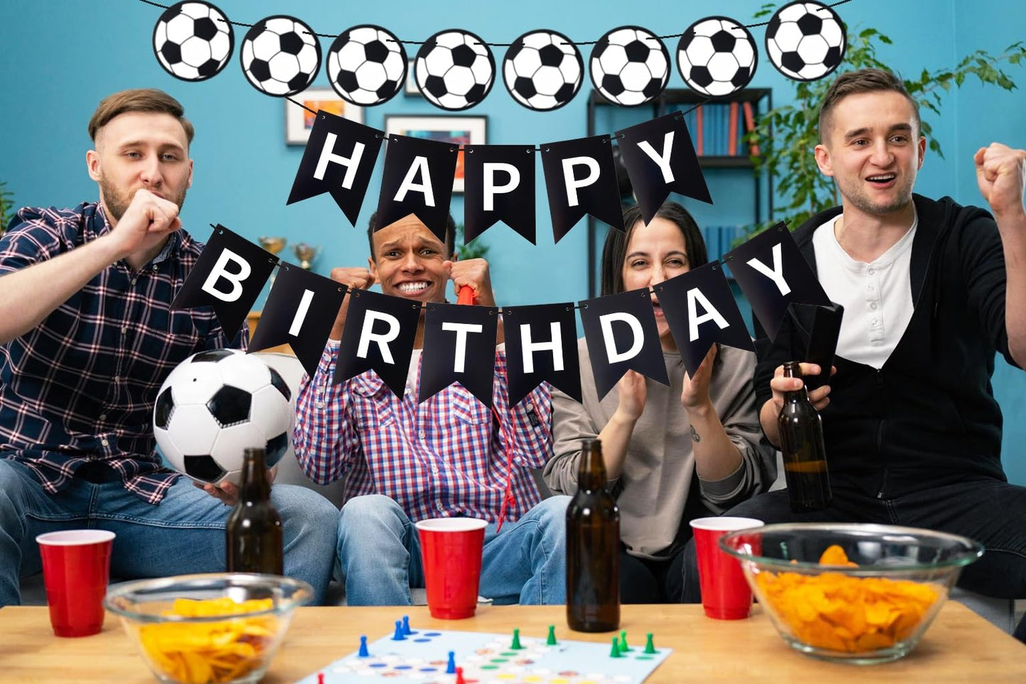 Runhiskii Soccer Happy Birthday Banner, Black Soccer Birthday Sign for Boys Girls Fans Party Decoration