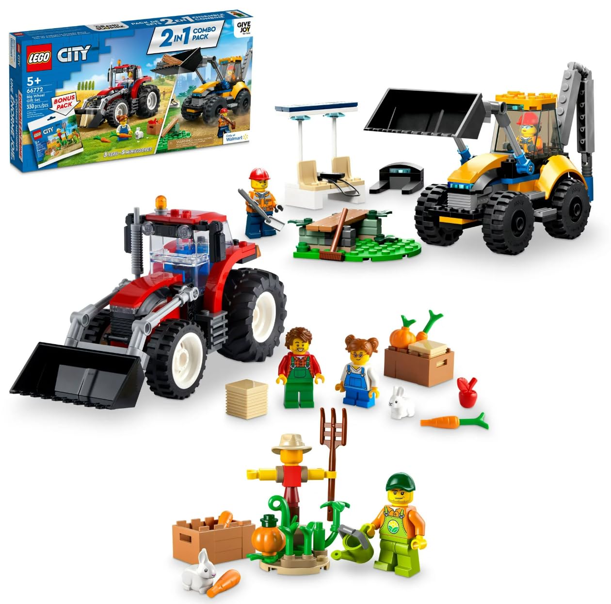 LEGO City Big Wheel Gift Set 66772, 2in1 Tractor and Construction Digger Building Toy Sets Plus Farm Garden & Scarecrow Bonus Pack, Great Gift