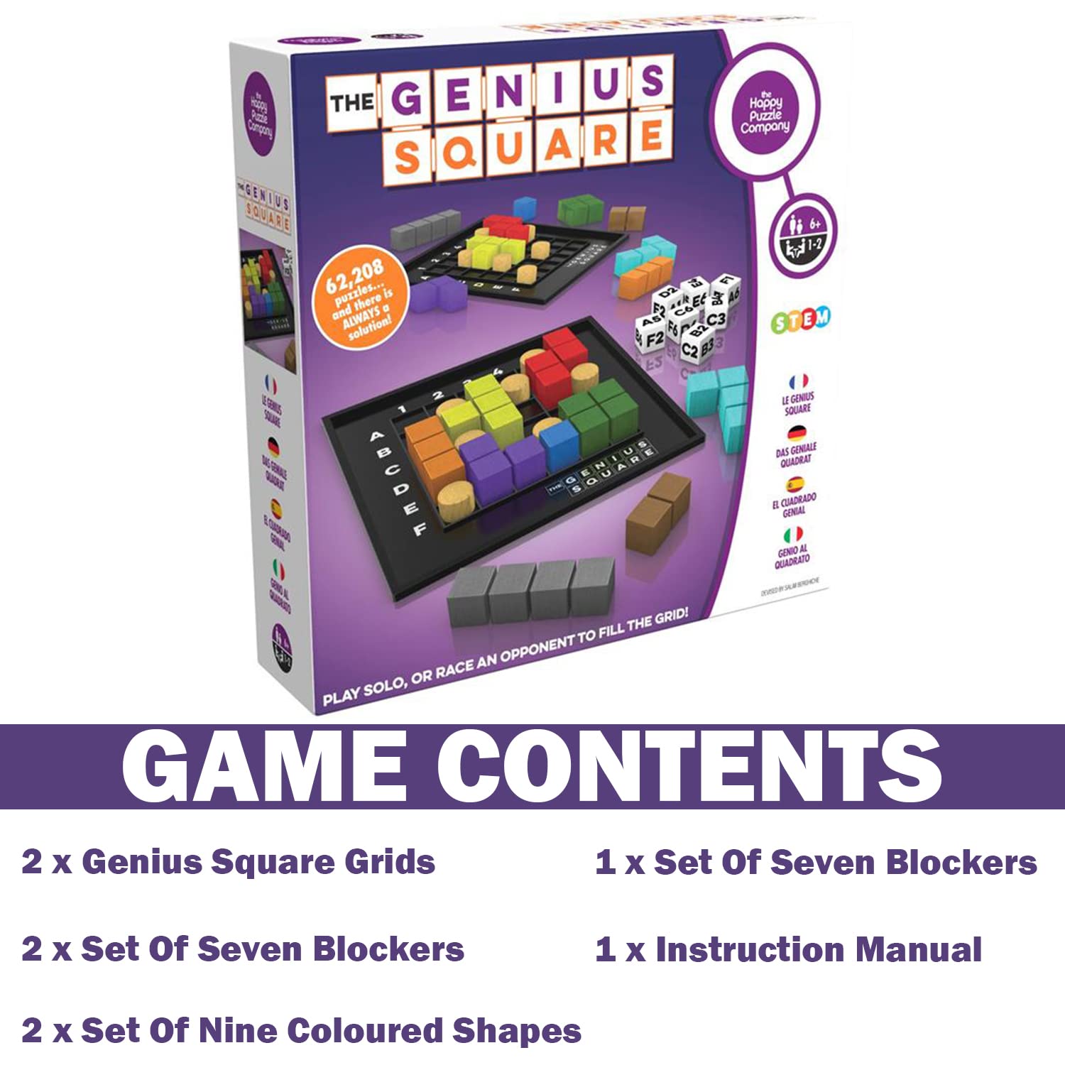 The Genius Square from The Happy Puzzle Company - Game of The Year Award Winner, 60000+ Solutions STEM Puzzle Game. Roll Dice, Race Your Opponent