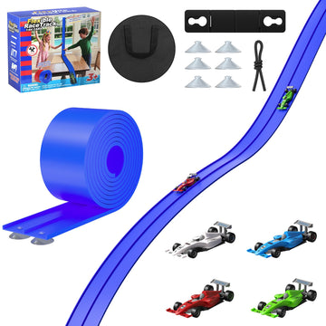 16FT Flexible Race Track with 4 Cars - DIY Car Ramp Track for Jumps, Loops, Ramps - Portable Roll-Up Dual Racetrack for Indoor Outdoor Play, Ages 3+