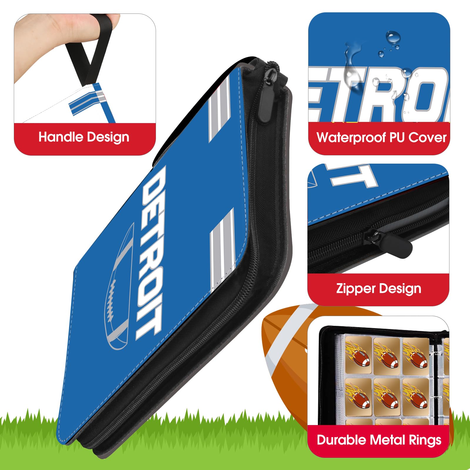Football Card Binder with Sleeves 900 Pocket, Detroit Football Card Holder for Trading Cards Sports Card 3 Ring Binder Folder Collector Album Storage