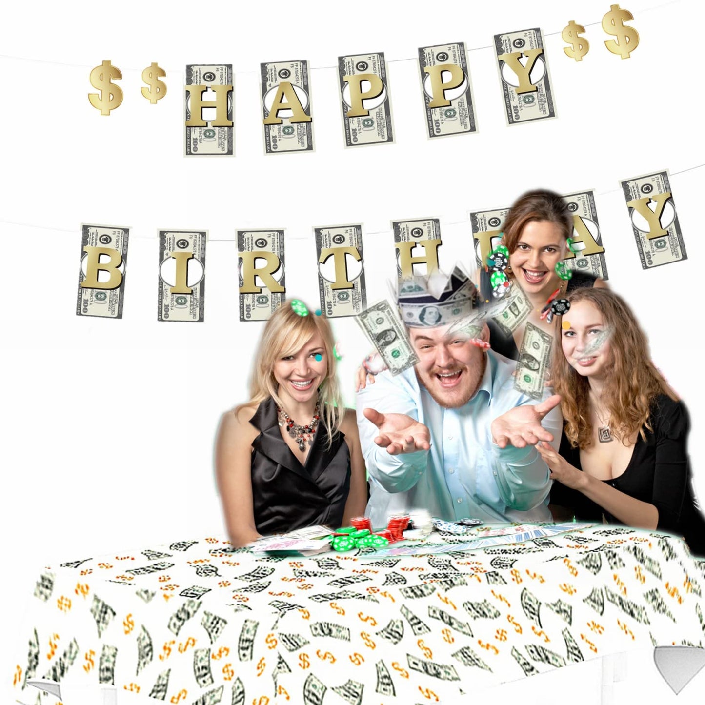 Money Theme Decoration KIT Bill Dollar Signs Birthday Banner Currency Symbol Money Tablecover Tablecloth Dollar Crown Set for Birthday Casino Wedding