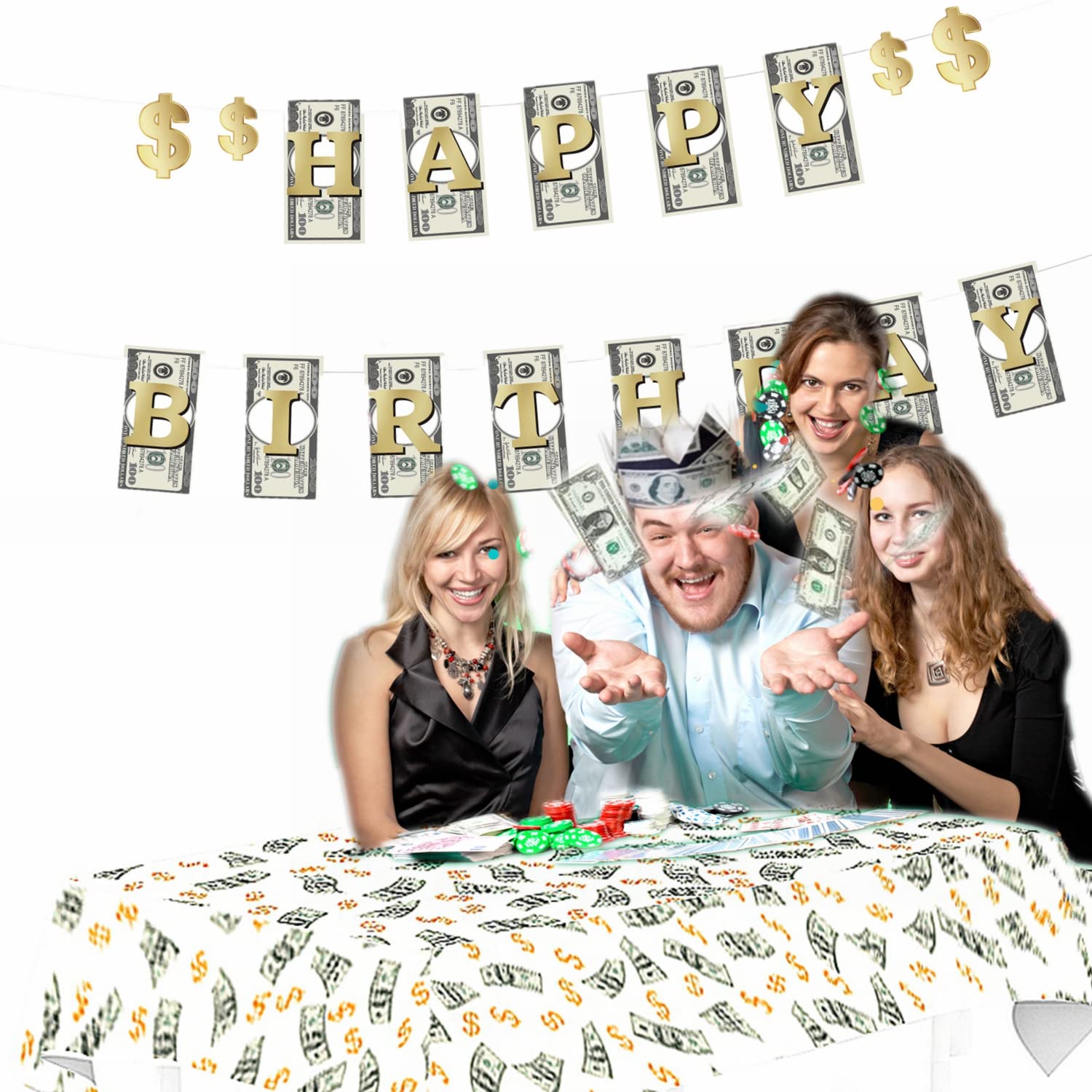 Money Theme Decoration KIT Bill Dollar Signs Birthday Banner Currency Symbol Money Tablecover Tablecloth Dollar Crown Set for Birthday Casino Wedding