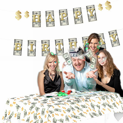 Money Theme Decoration KIT Bill Dollar Signs Birthday Banner Currency Symbol Money Tablecover Tablecloth Dollar Crown Set for Birthday Casino Wedding