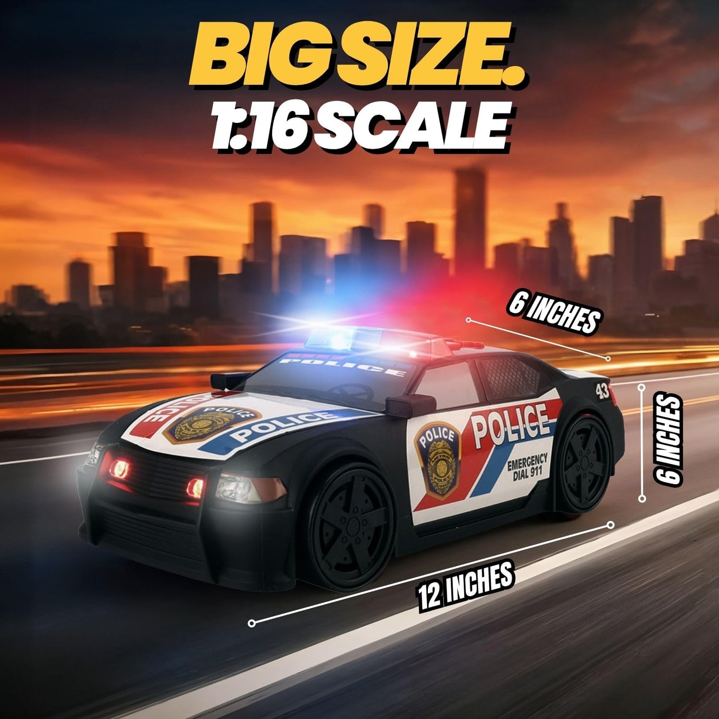 Liberty Imports Motorized Police Cruiser Kids Toy Cop Car Electric Model Rush & Rescue Vehicle 1/16 Scale with Button Activated Forward Reverse