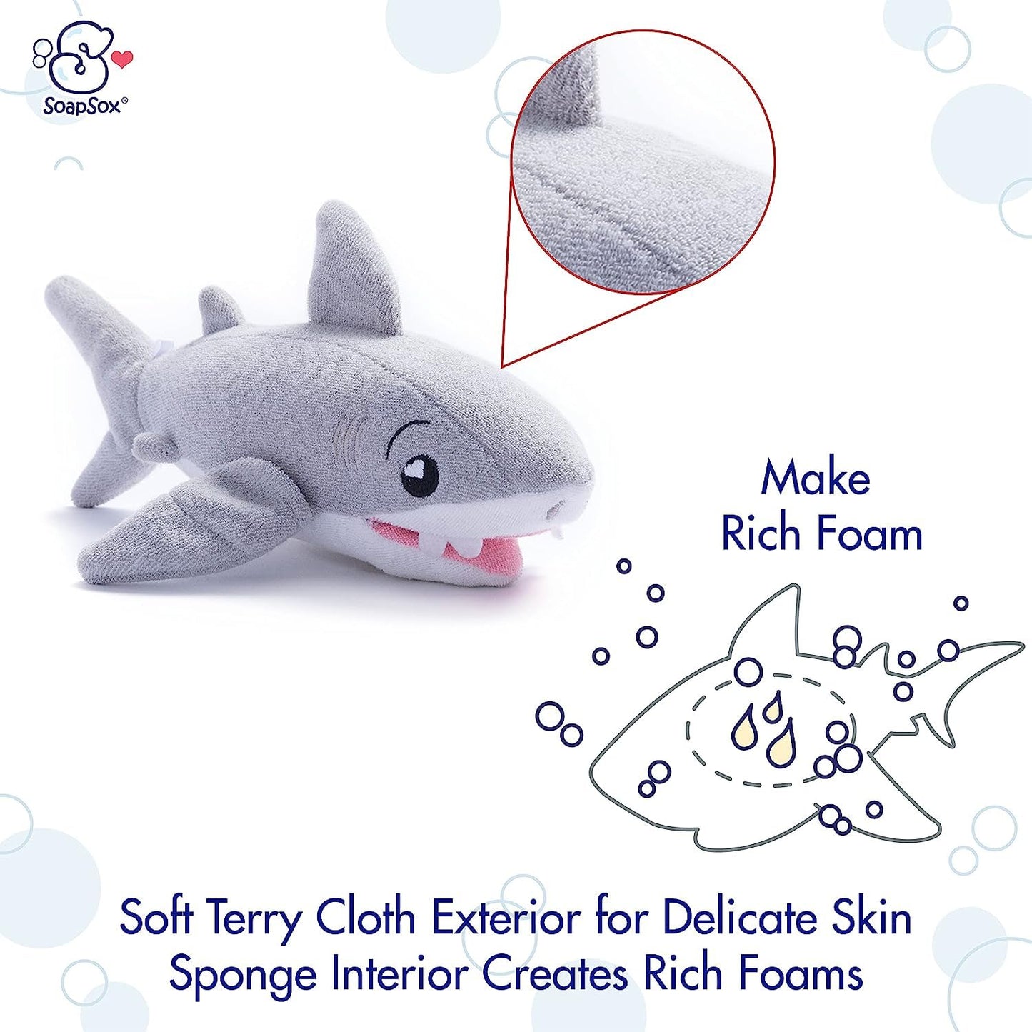SoapSox Kids Exfoliating Bath Scrub (Tank the Shark) - Soft Animal Toy Wash Cloth Sponge with Soap Pocket Insert - Fun Loofah Characters for Babies