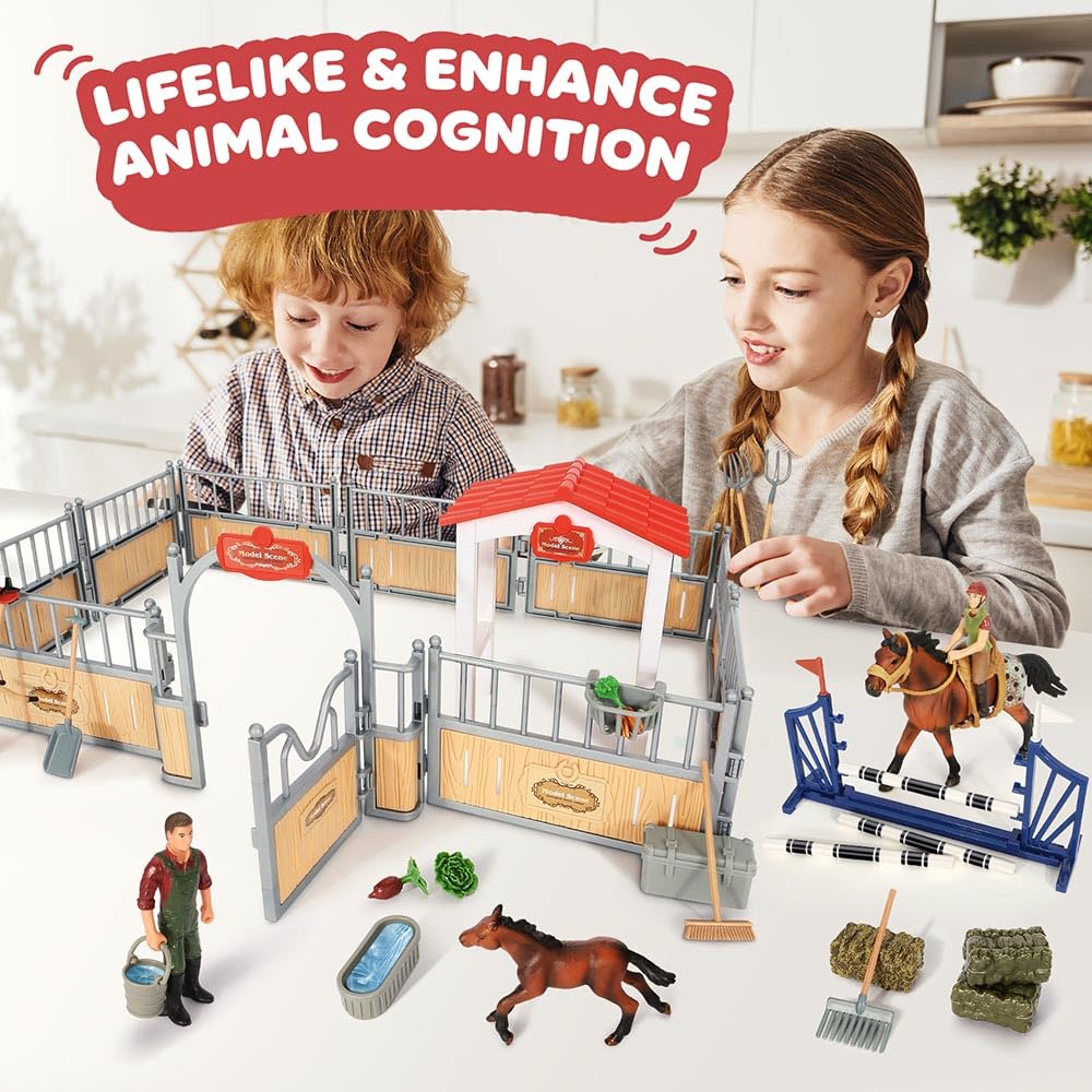 KIDBEST Horse Stable Playset, Horse Toys Set for Girls and Boys with Rider, Farm Animal Figurines Barn Toys, Pretend Play for Kids 3-5 6 7 8-10