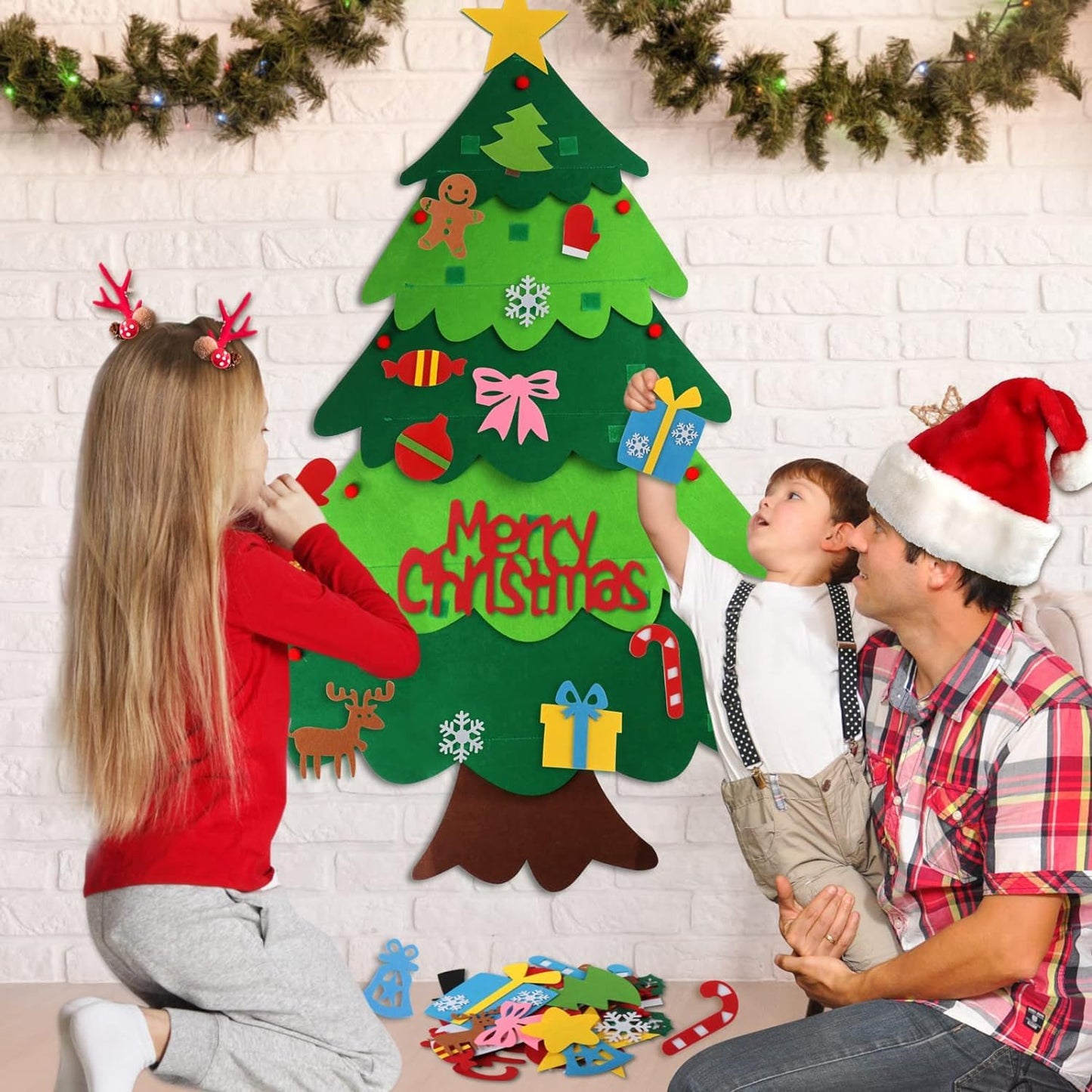 izosen Felt Christmas Tree for Kids Wall with Led String Light, 3Ft Wall Hanging DIY Felt Christmas Tree & 32 Felt Detachable Ornaments for Boys Girls