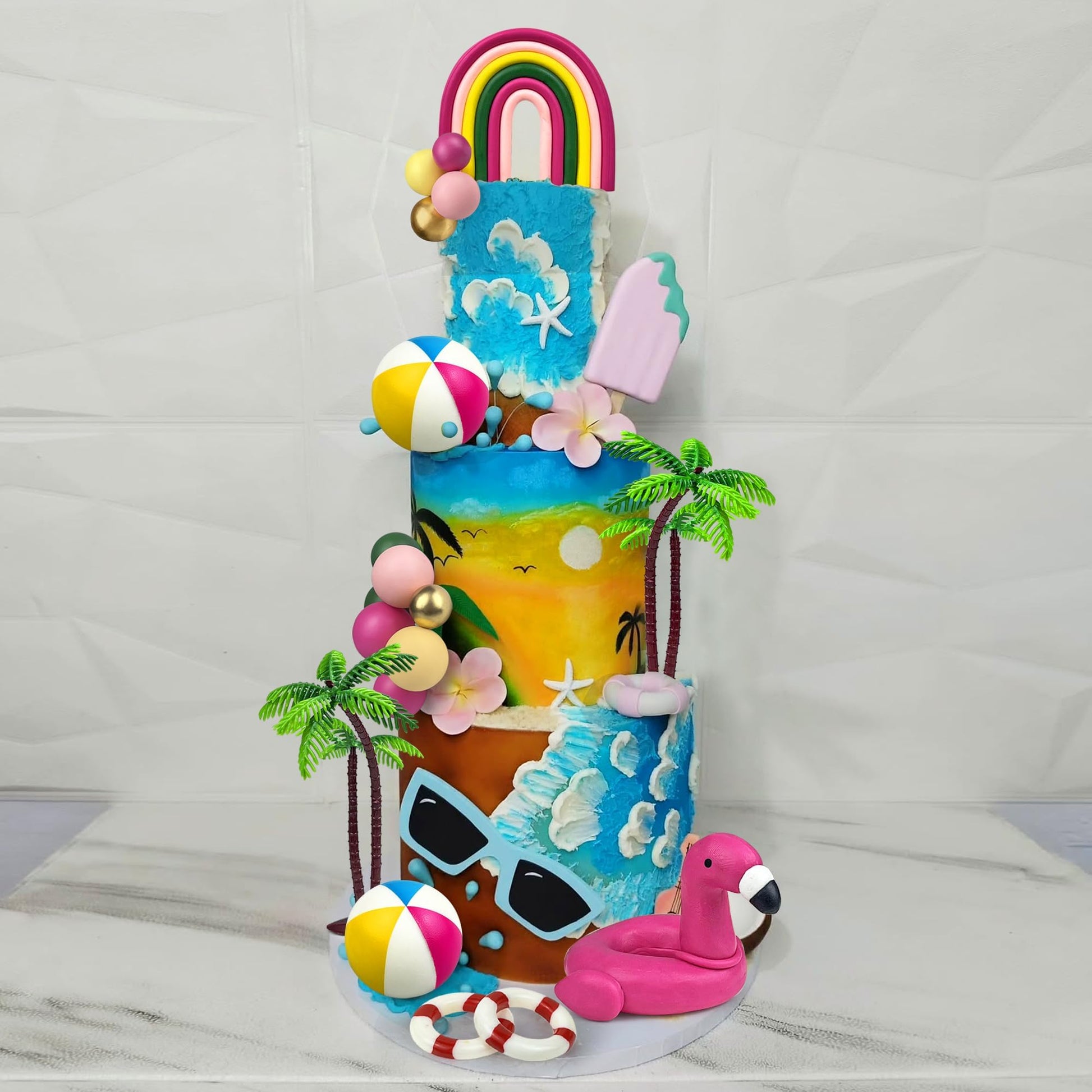 23 PCS Hawaiian Beach Cake Decoration Set Summer Cake Decor with Flamingo Rainbow and Coconut Tree Toppers for Hawaiian Theme Party