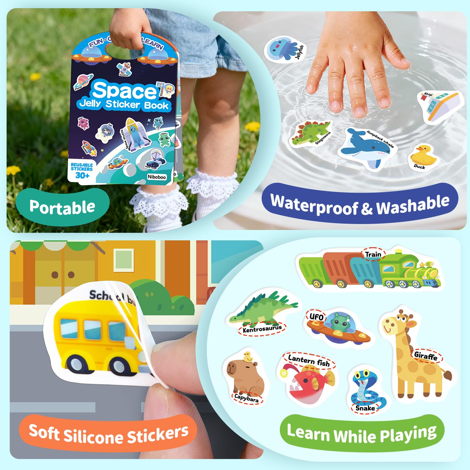 Niboboo 6 Pack Jelly Sticker Books for Toddlers, Reusable Sticker Books for Kids 3-6, Travel Toys for Ages 3+ Kids, Holiday Gifts for Boys and Girls