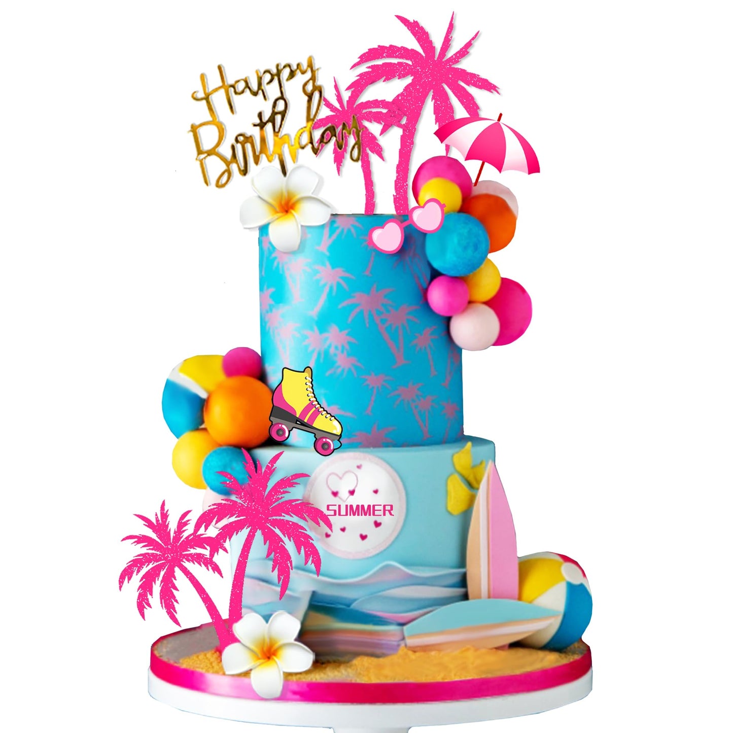Summer Hawaiian Cake Topper with Beach Ball Sun Umbrella Goggles Beach Cake Decorations for Summer Holiday Theme Birthday Supplies (Surfboard)