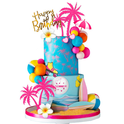 Summer Hawaiian Cake Topper with Beach Ball Sun Umbrella Goggles Beach Cake Decorations for Summer Holiday Theme Birthday Supplies (Surfboard)