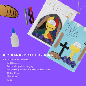 First Holy Communion Banner Kit Arts and Crafts for Catholic Children, DIY Sunday School Church Activity with Felt and Glitter Pens, 16 Inch