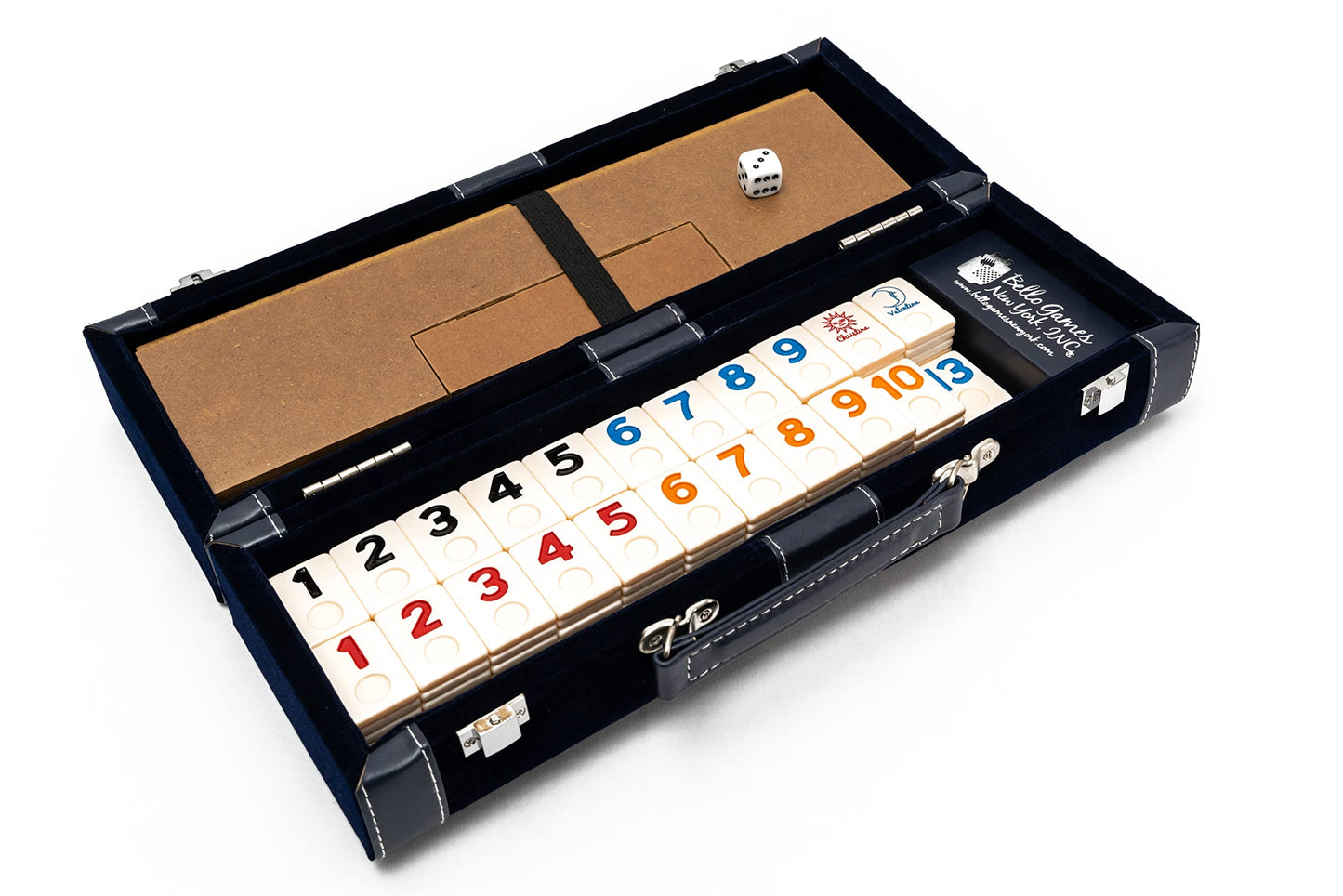 Bello Games New York, Inc. Spring Street Deluxe Designer Rummy Game Set with Wooden Racks and Large Size Engraved Numbers in a Blue Velour Case