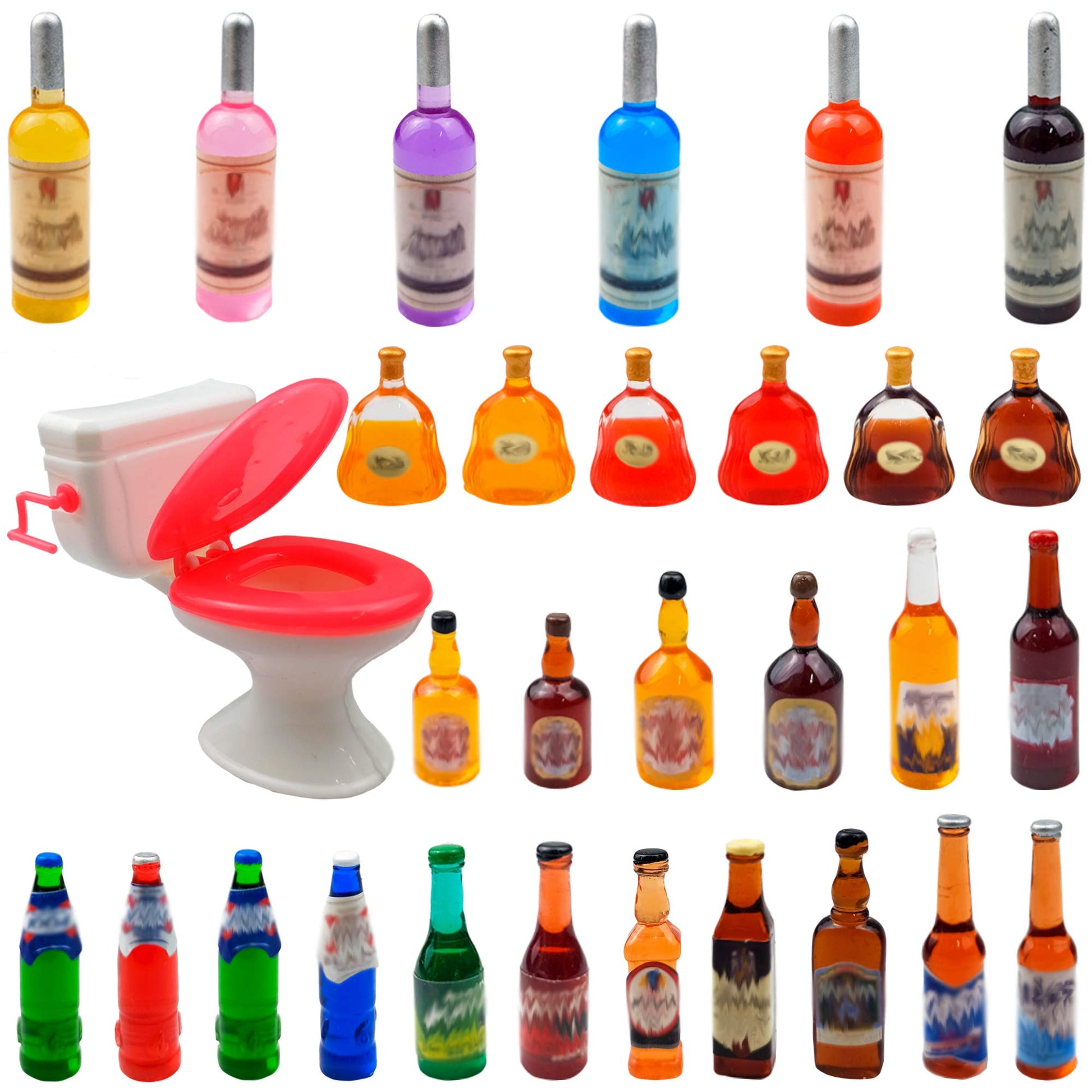 30 PCS 29 Styles Mini Wine Bottles Cake Toppers with 1 Plastic Miniature Toilet Toy Funny Dollhouse Cupcake Cake Topper Gift Set for Birthday Party