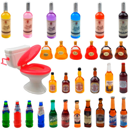 30 PCS 29 Styles Mini Wine Bottles Cake Toppers with 1 Plastic Miniature Toilet Toy Funny Dollhouse Cupcake Cake Topper Gift Set for Birthday Party