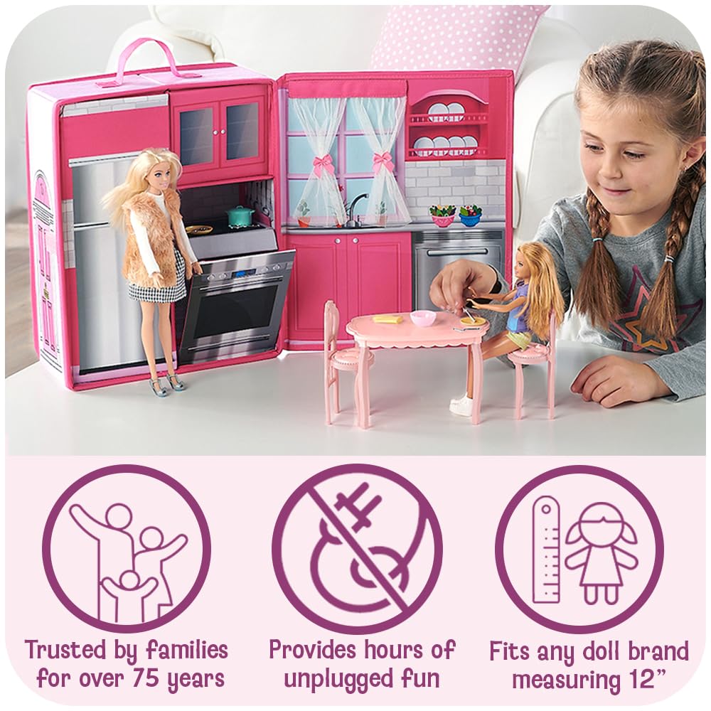 Badger Basket Portable Doll Kitchen Set for 12 Inch Dolls - Includes Oven, Fridge, Table, Chairs & Accessories