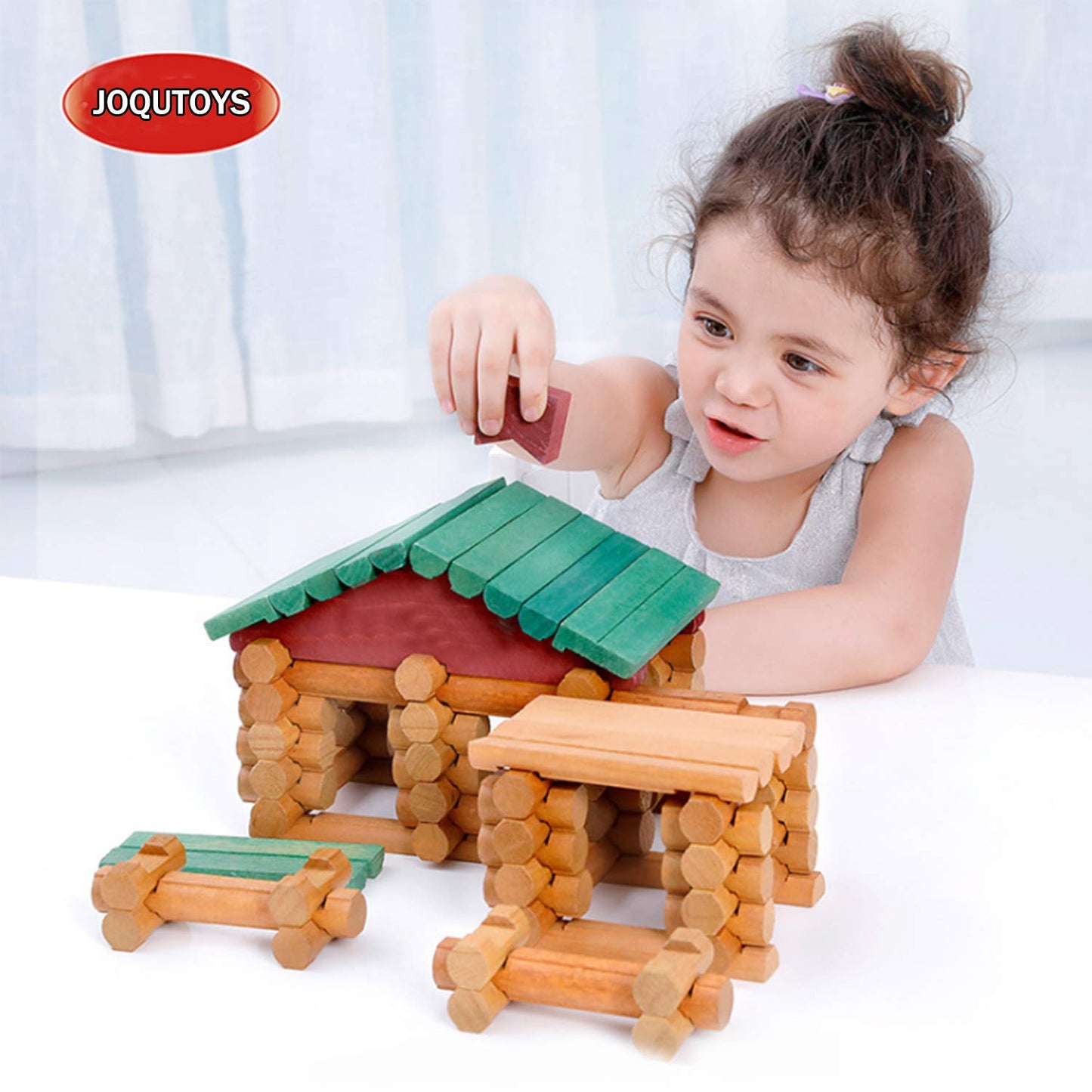 Joqutoys 90 Pcs Wood Building Blocks Toy for Toddlers, Classic Wooden Cabin Log Set Preschool Education Toy, Creative Construction Engineering