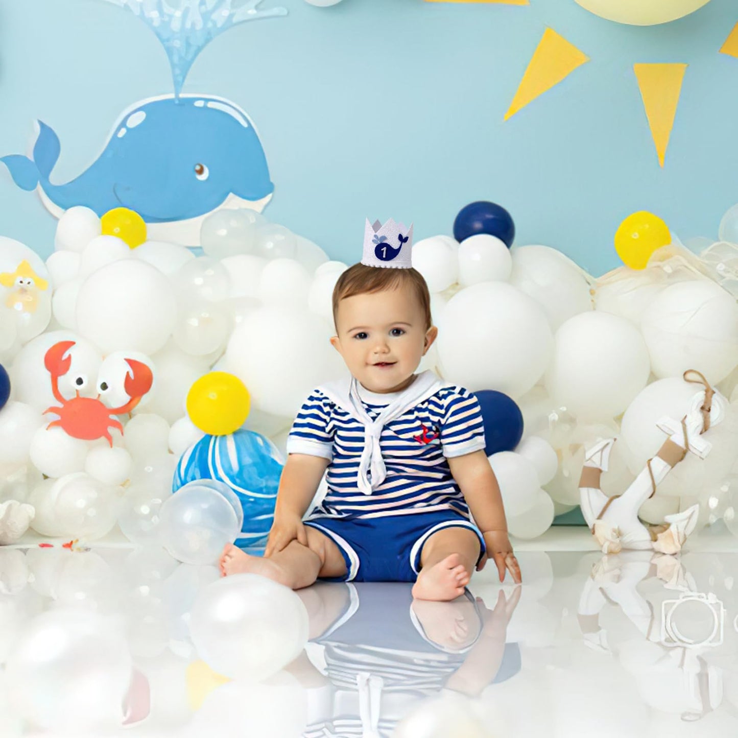 YOUAME Whale 1st Birthday Crown - Ocean Themed 1st Party Decorations,Blue Whale First Bday Hat,The Big One Birthday Crown Outfit, Ocean Animals Party