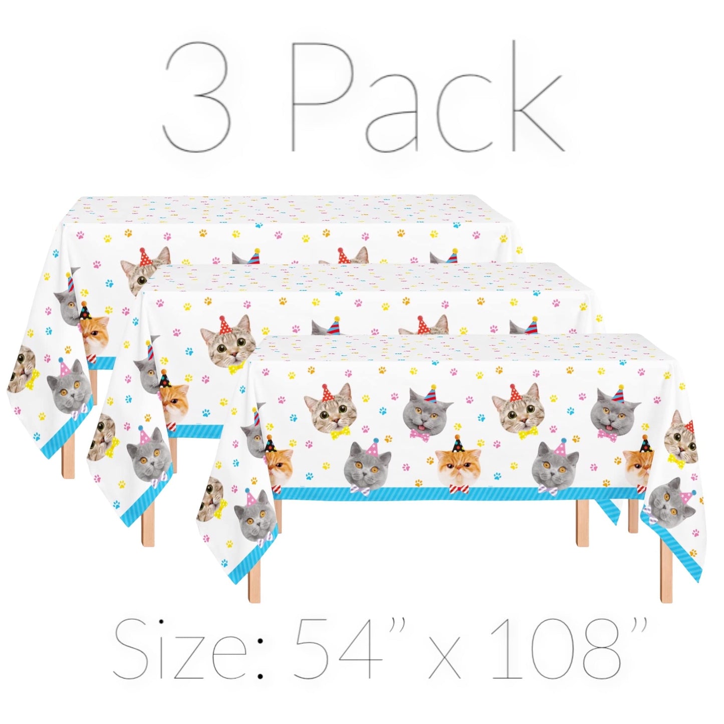 Oojami Cat Party Tablecloth 3 Pack 54"x108" with Happy Birthday Banner