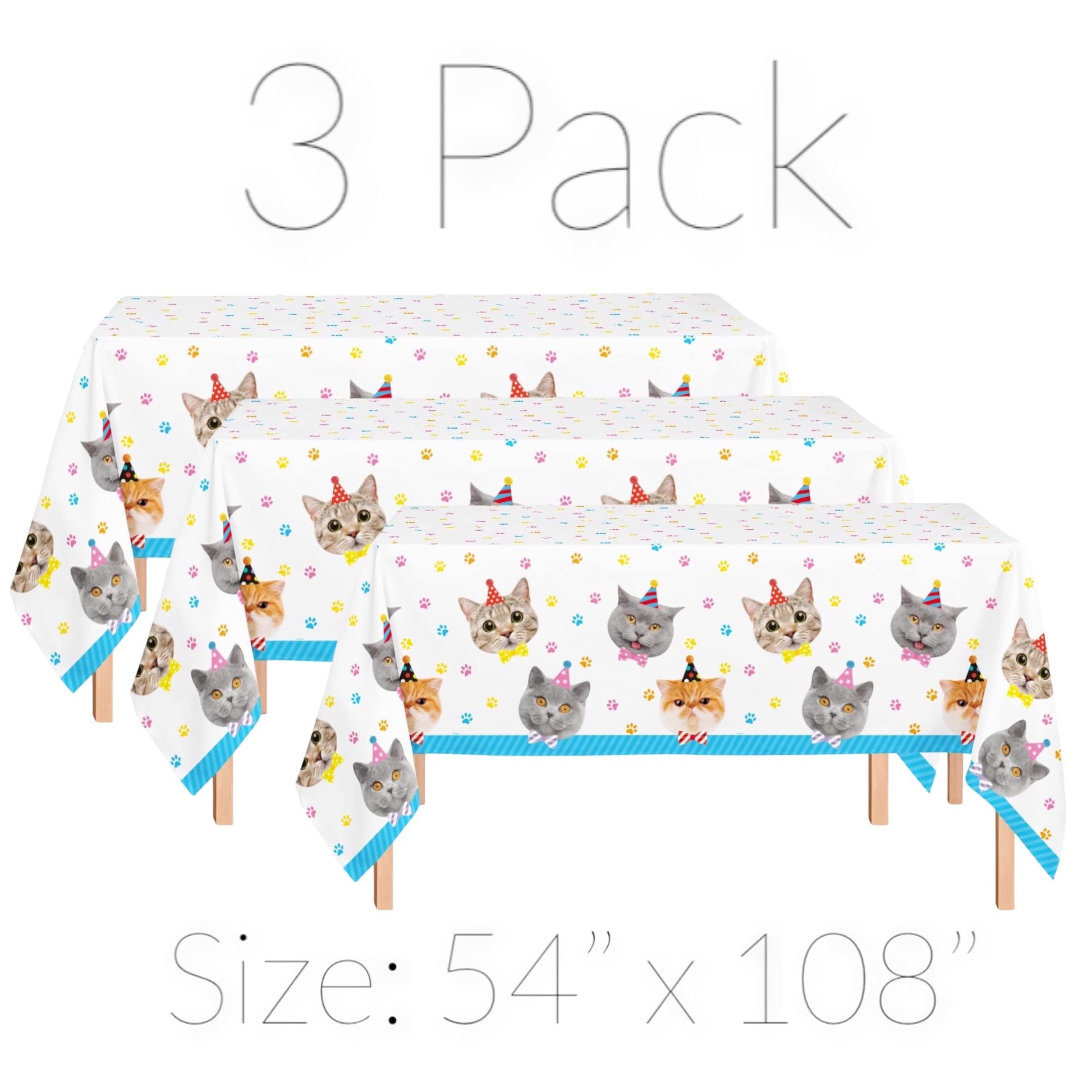 Oojami Cat Party Tablecloth 3 Pack 54"x108" with Happy Birthday Banner