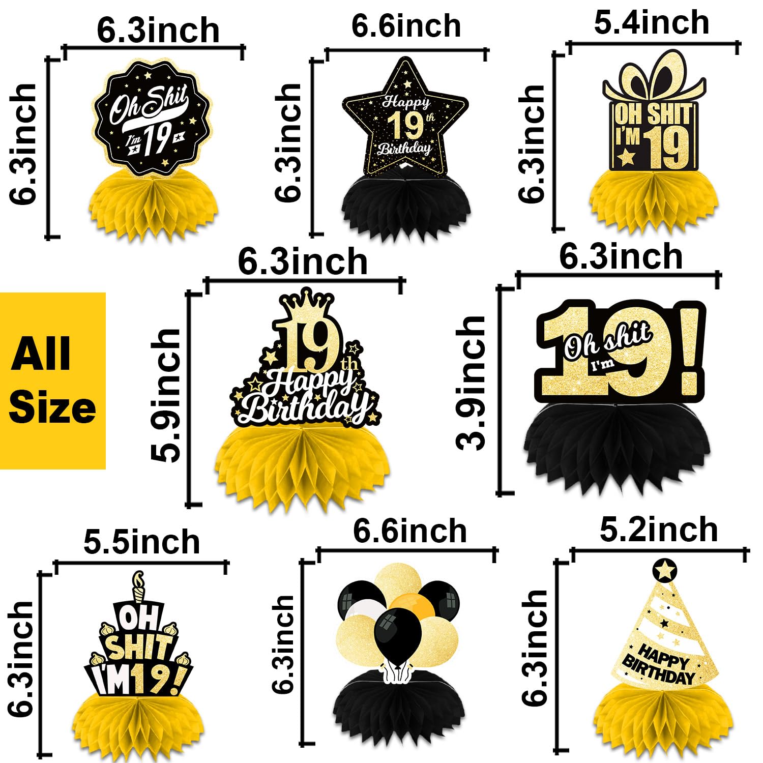 Oh S*it I’m 19 Happy 19th Birthday Honeycomb Centerpieces Balloons Confetti Theme Table Toppers Hello 19 Table Decorations Funny Birthday Decor